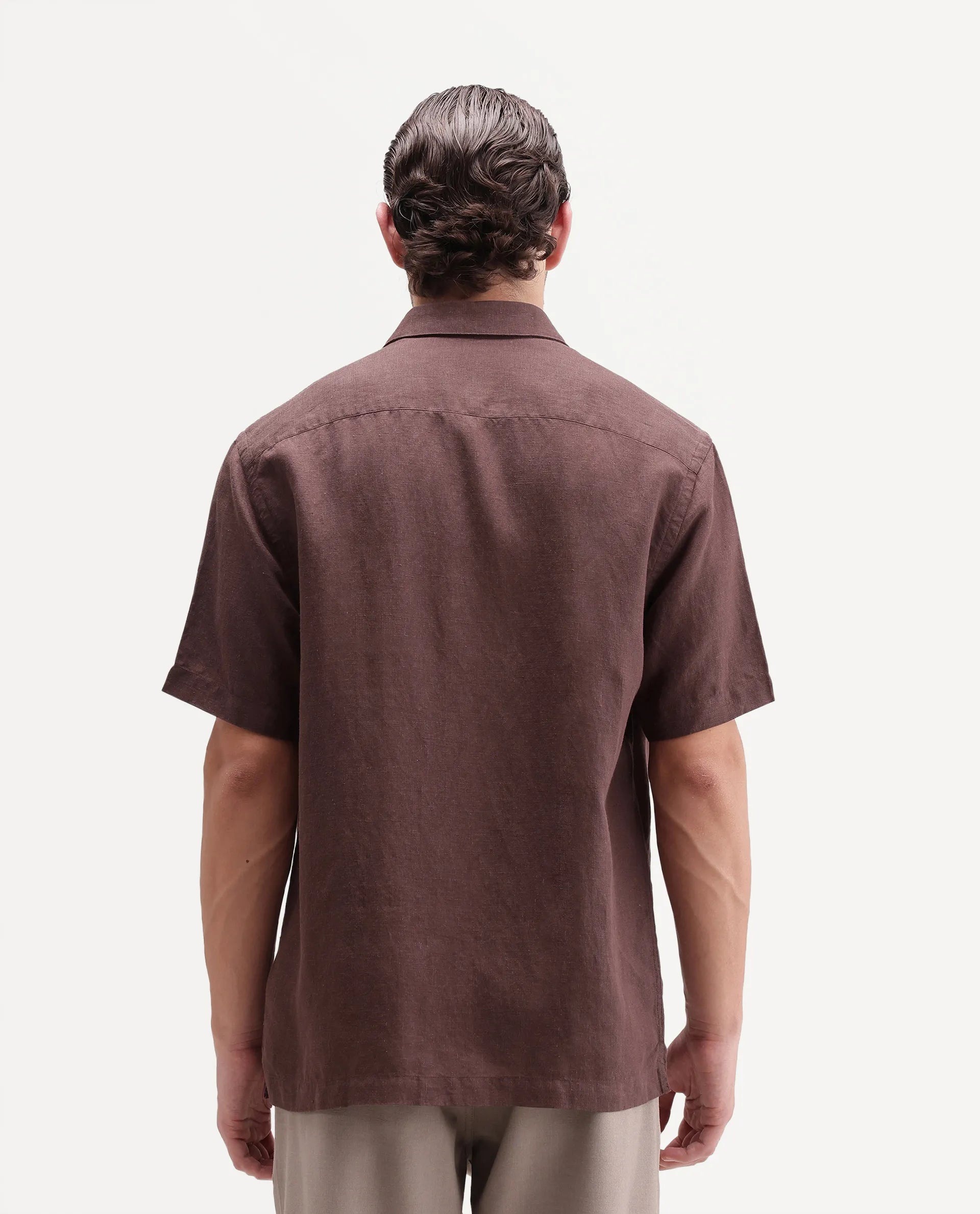 Rare Rabbit Men's Cine Ss-26 Brown Cotton Blend Button Regular Fit Shirt