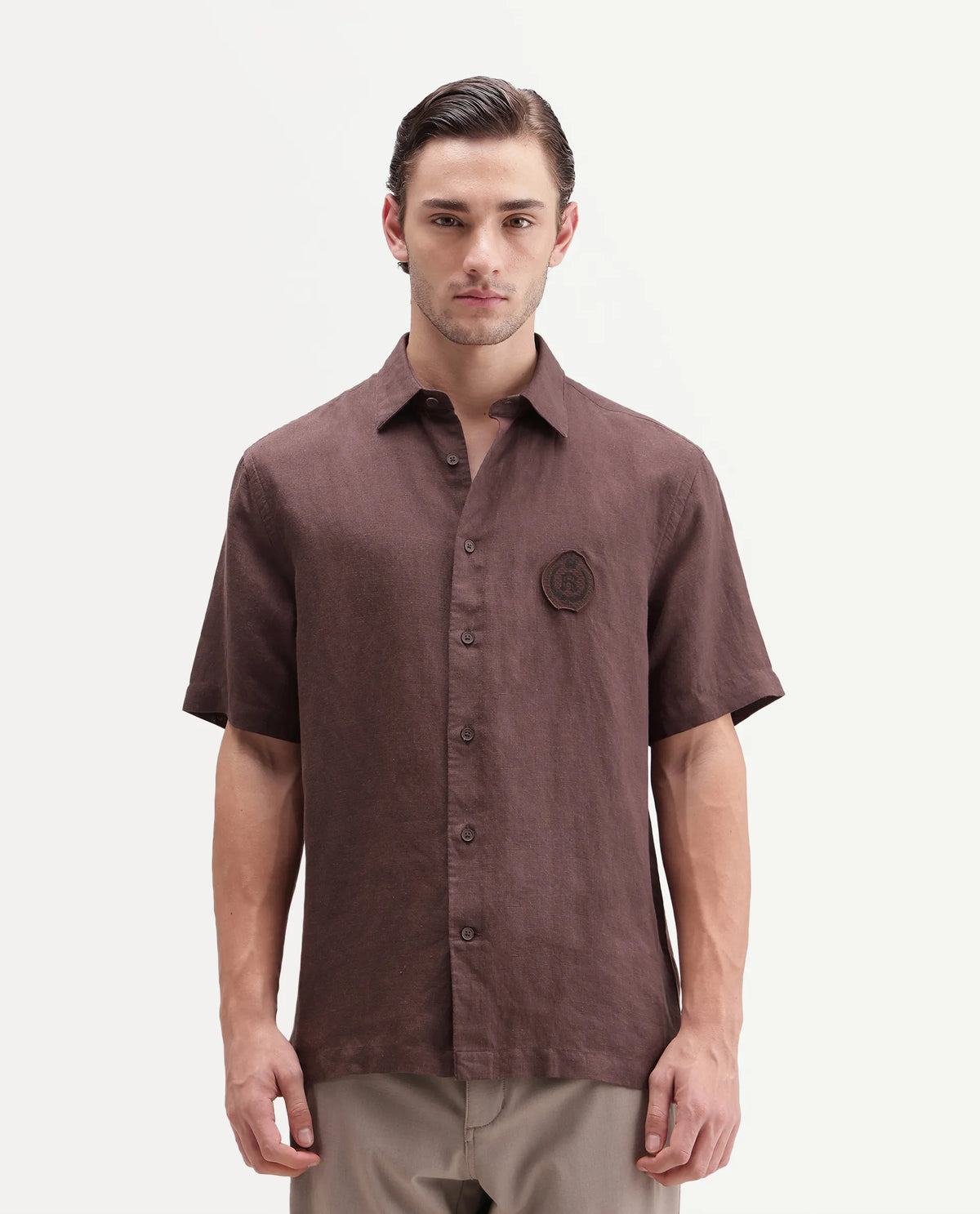 Rare Rabbit Men's Cine Ss-26 Brown Cotton Blend Button Regular Fit Shirt