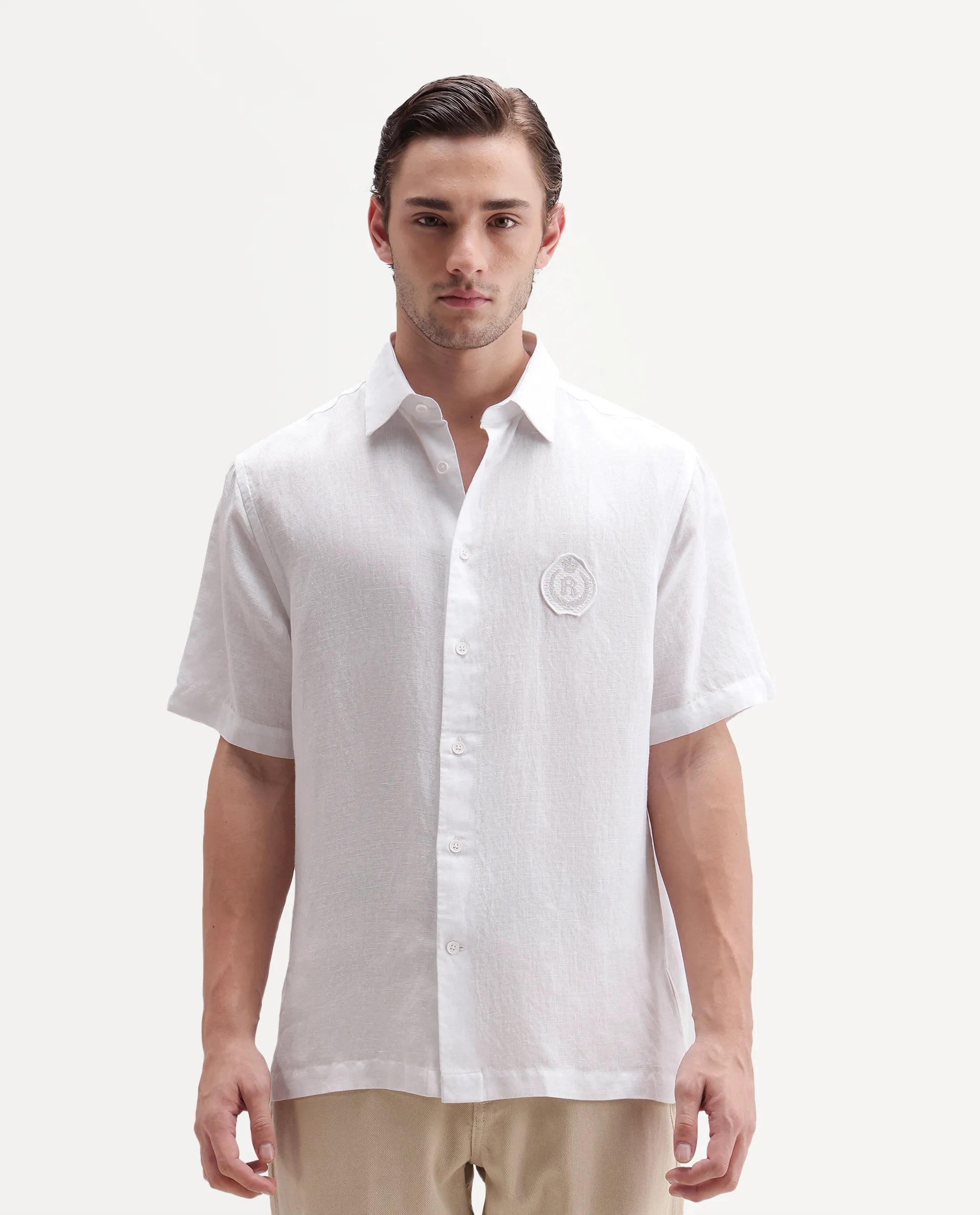 Rare Rabbit Men's Cine Ss-26 White Linen Blend Button Regular Fit Plain Shirt