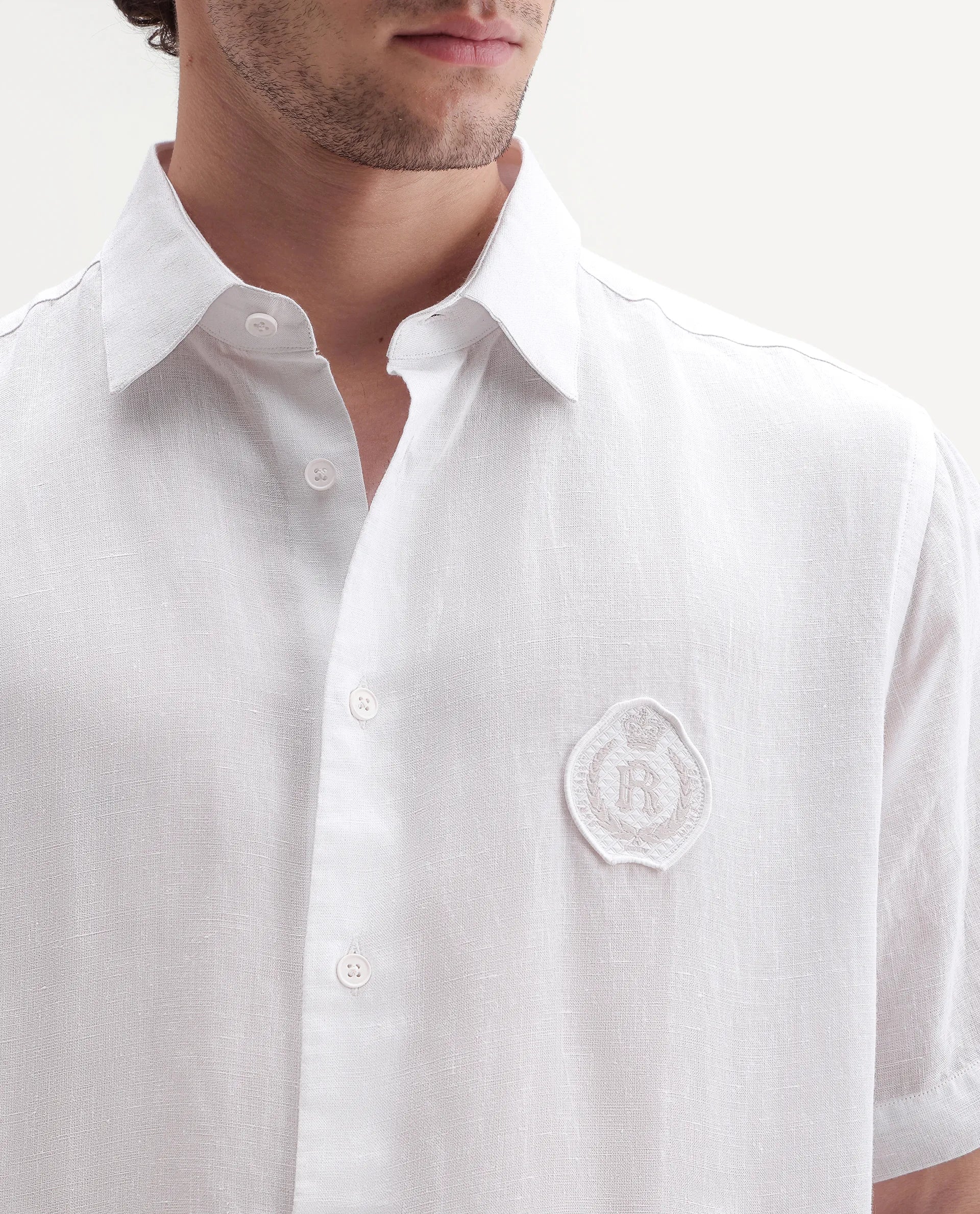Rare Rabbit Men's Cine Ss-26 White Linen Blend Button Regular Fit Plain Shirt
