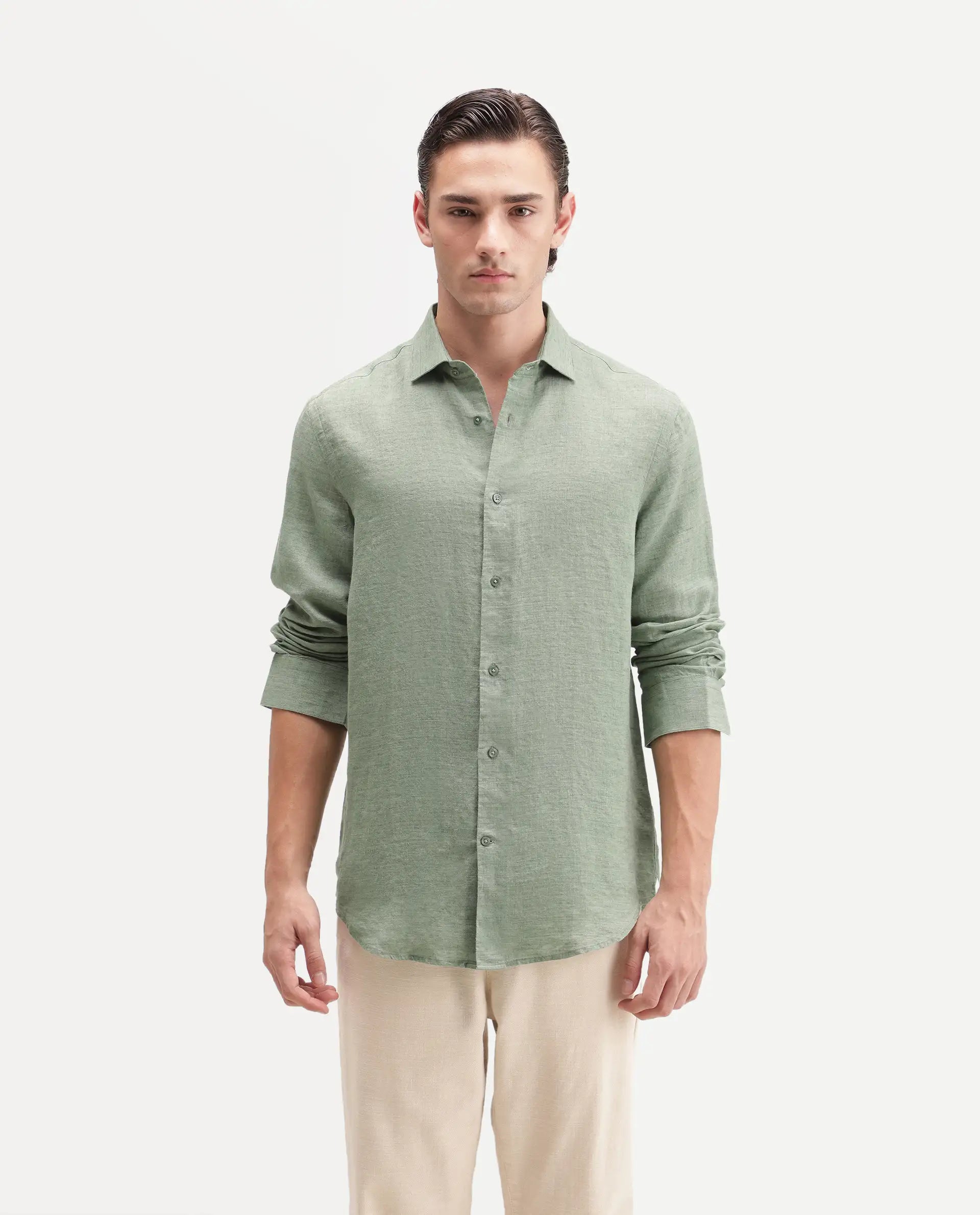 Rare Rabbit Men's Borium Ls-Aw26 Pastel Green 100% Linen Button Regular Fit Shirt