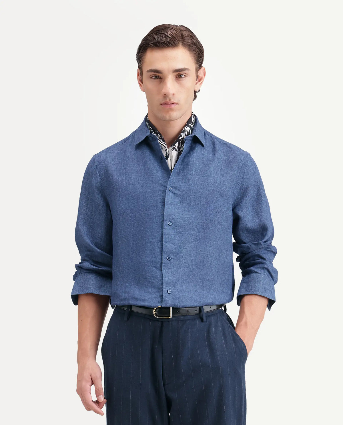 Rare Rabbit Men's Borium Ls-Aw26 Blue 100% Linen Button Regular Fit Shirt
