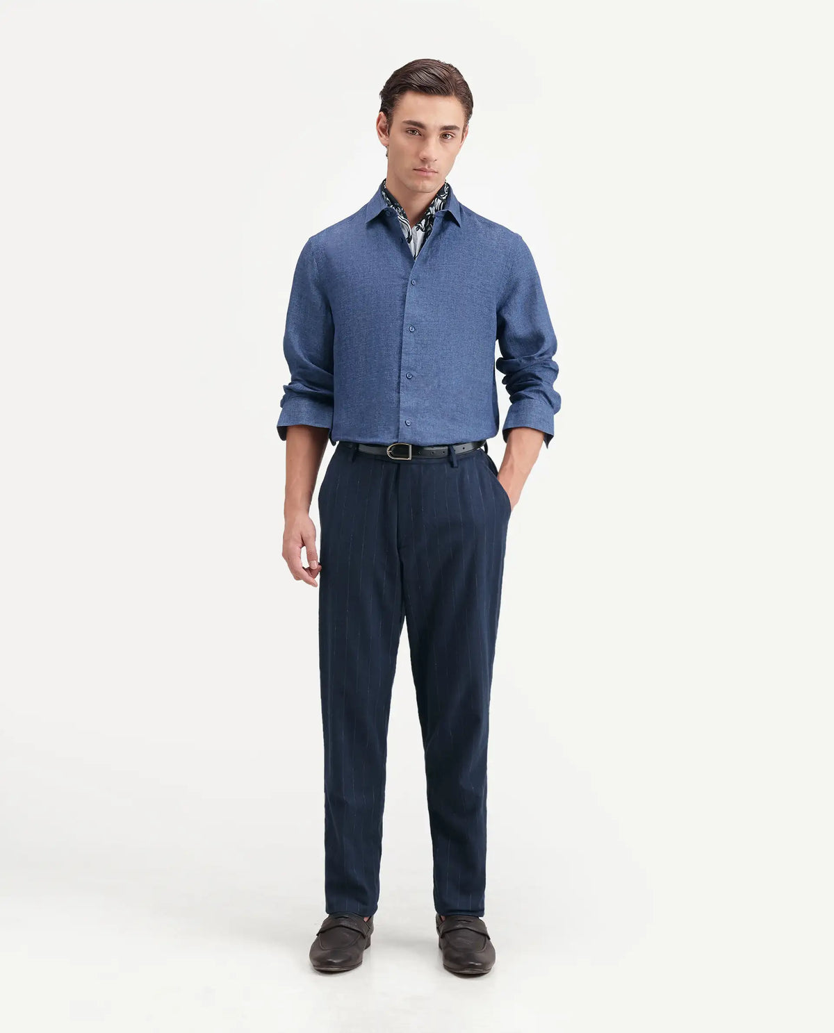 Rare Rabbit Men's Borium Ls-Aw26 Blue 100% Linen Button Regular Fit Shirt