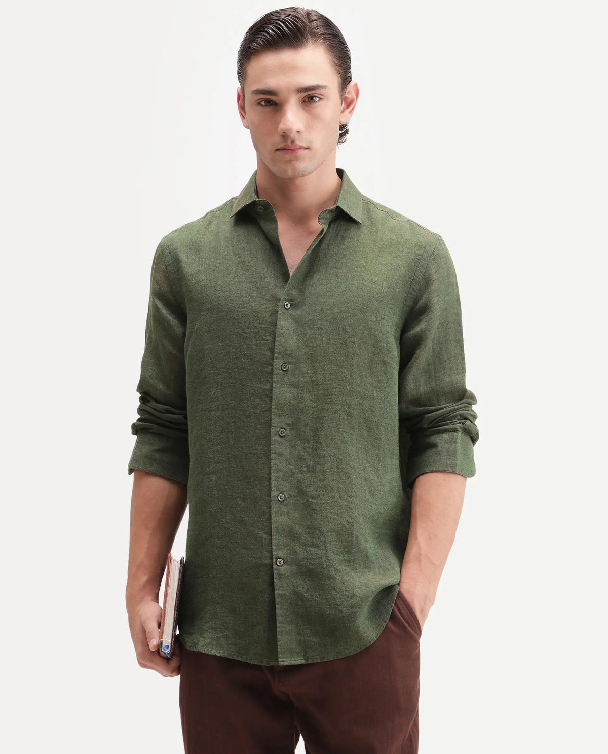 Rare Rabbit Men's Borium Ls-Aw26 Dark Green 100% Linen Button Regular Fit Shirt