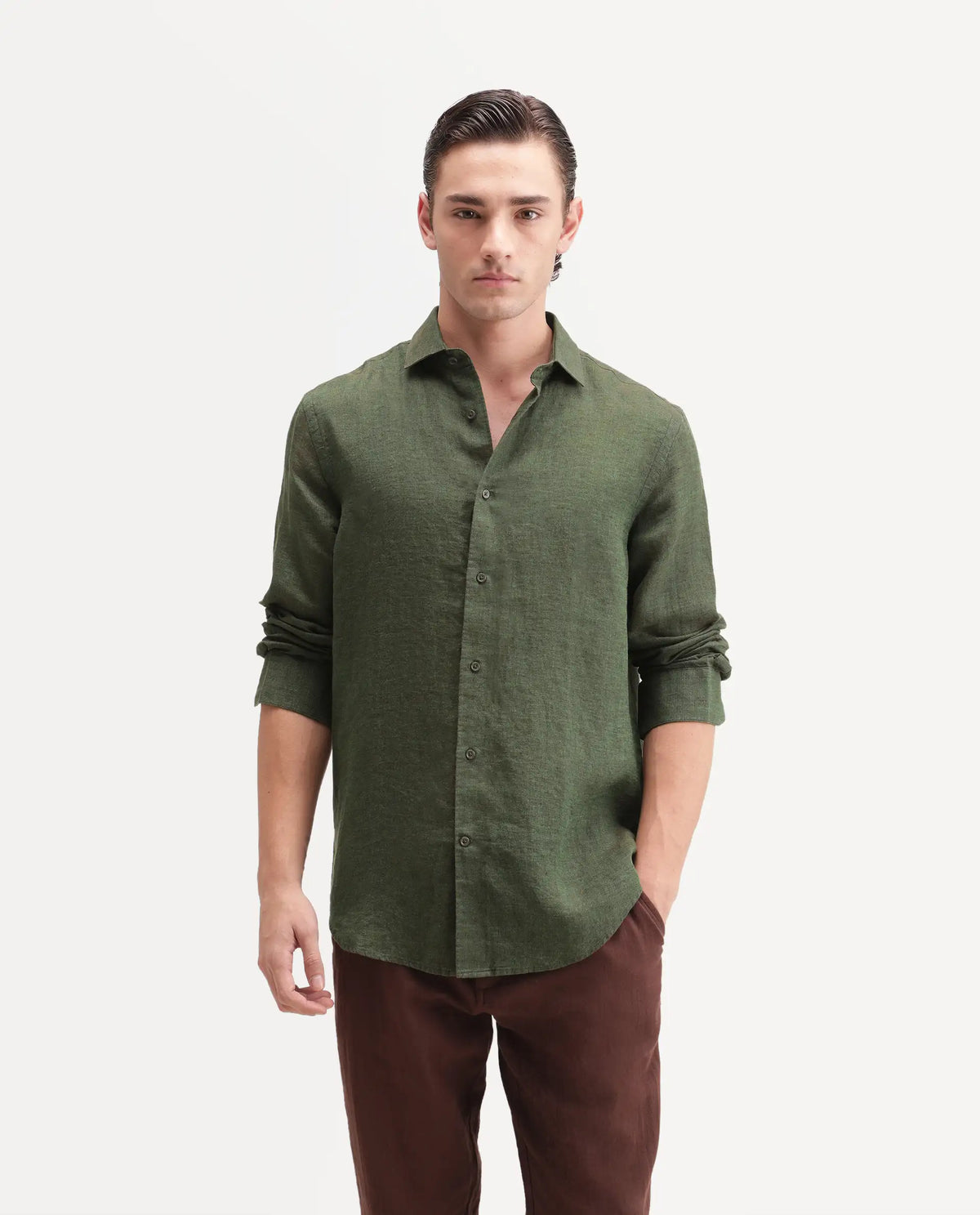 Rare Rabbit Men's Borium Ls-Aw26 Dark Green 100% Linen Button Regular Fit Shirt