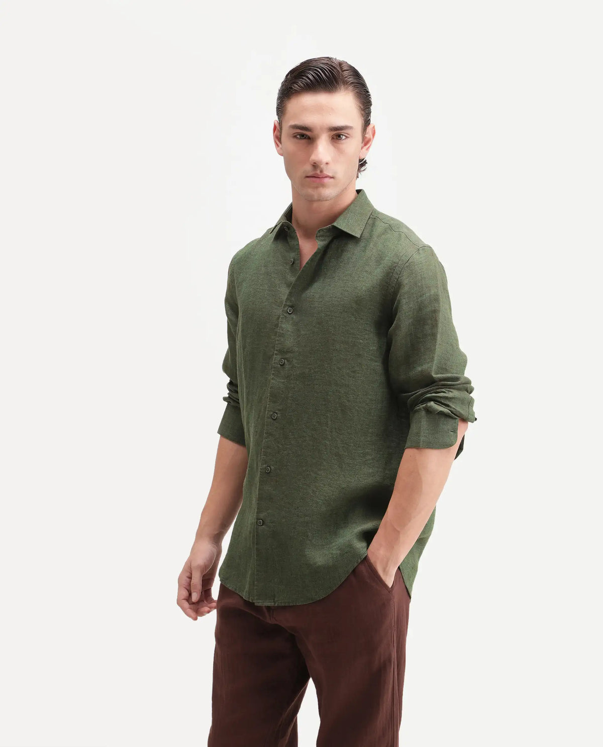 Rare Rabbit Men's Borium Ls-Aw26 Dark Green 100% Linen Button Regular Fit Shirt