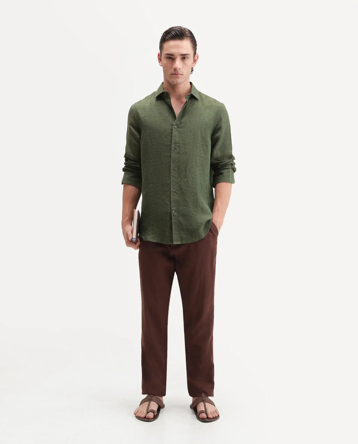 Rare Rabbit Men's Borium Ls-Aw26 Dark Green 100% Linen Button Regular Fit Shirt