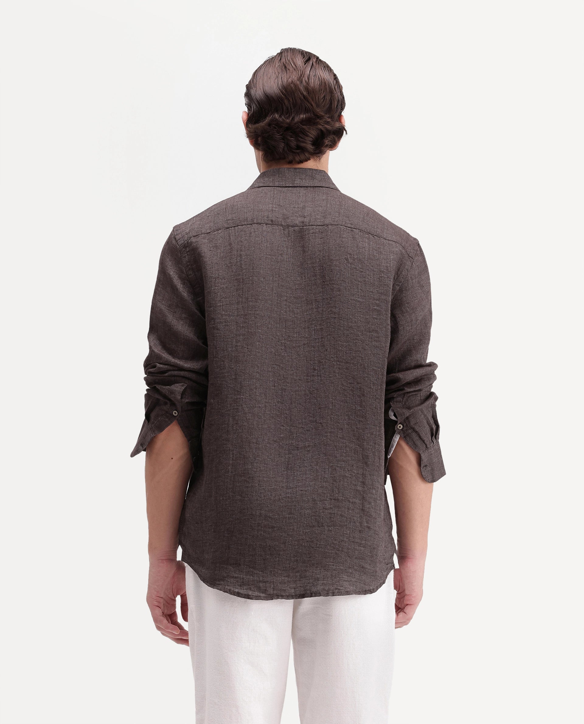 Rare Rabbit Men's Borium Ls-Aw26 Dark Brown 100% Linen Button Regular Fit Shirt
