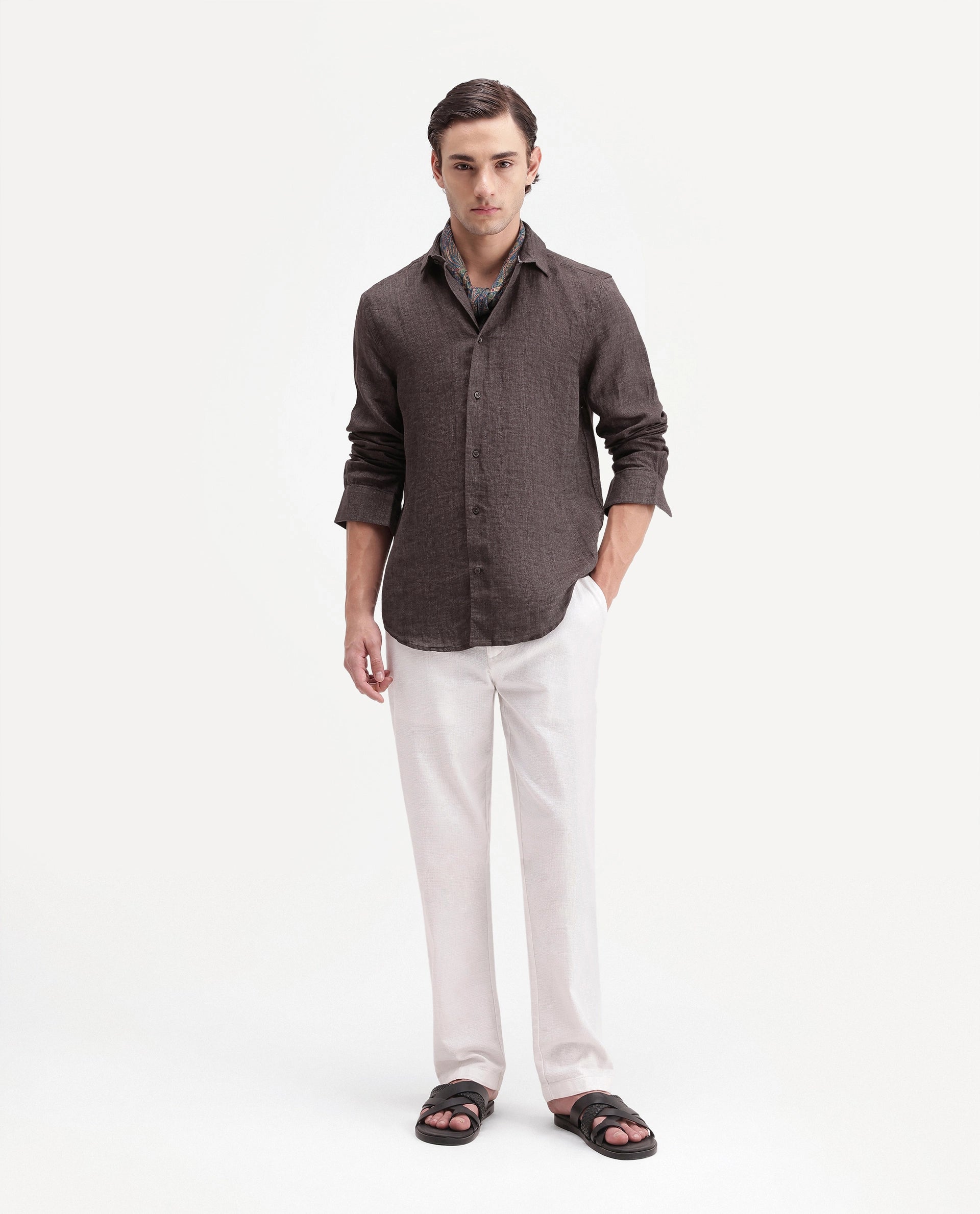 Rare Rabbit Men's Borium Ls-Aw26 Dark Brown 100% Linen Button Regular Fit Shirt