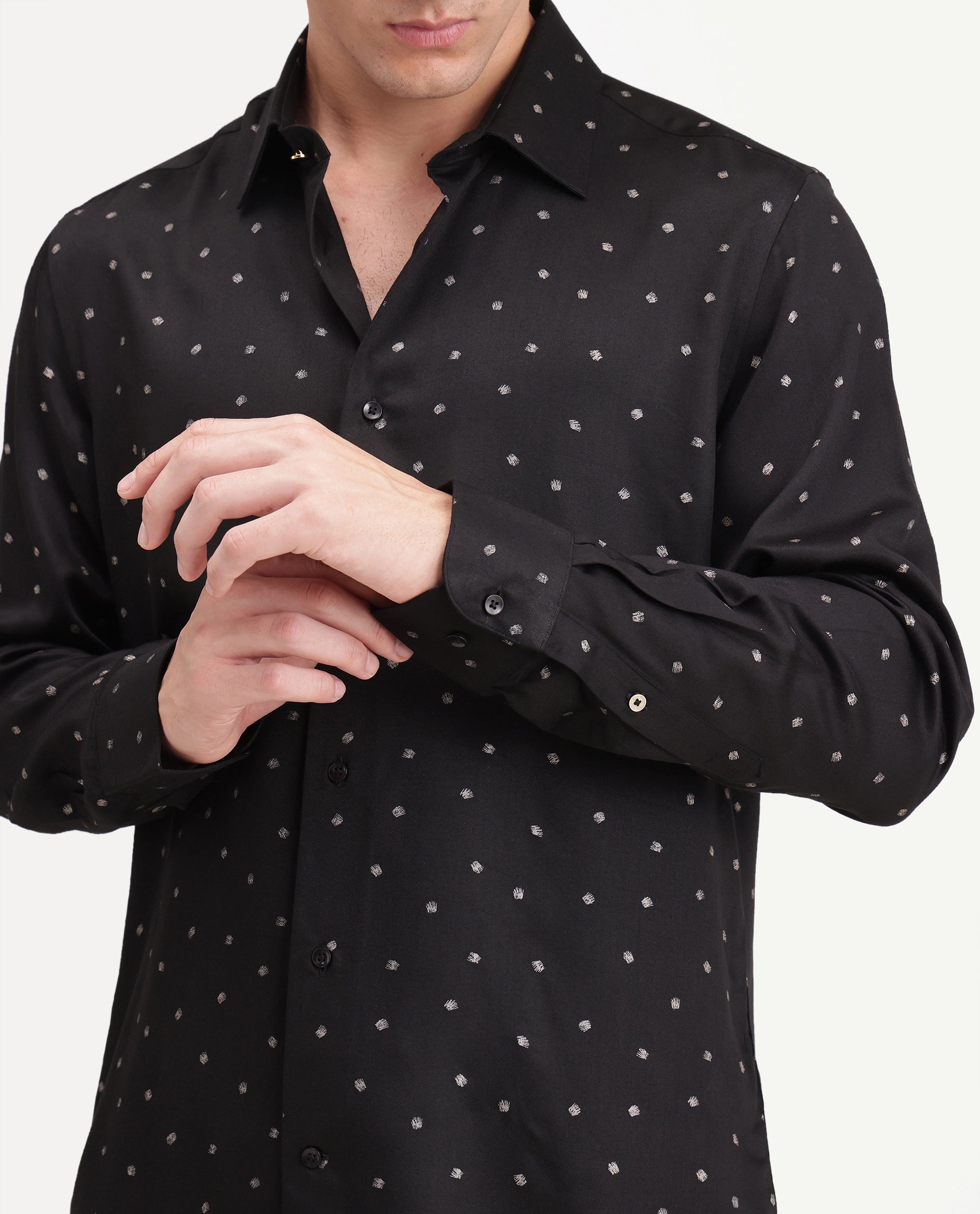 Rare Rabbit Men's Silver Black Viscose Button Regular Fit Polka Print Shirt