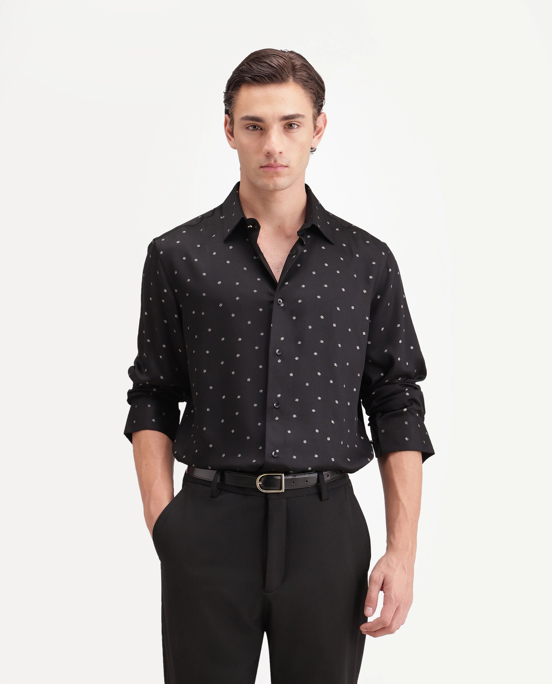 Rare Rabbit Men's Silver Black Viscose Button Regular Fit Polka Print Shirt