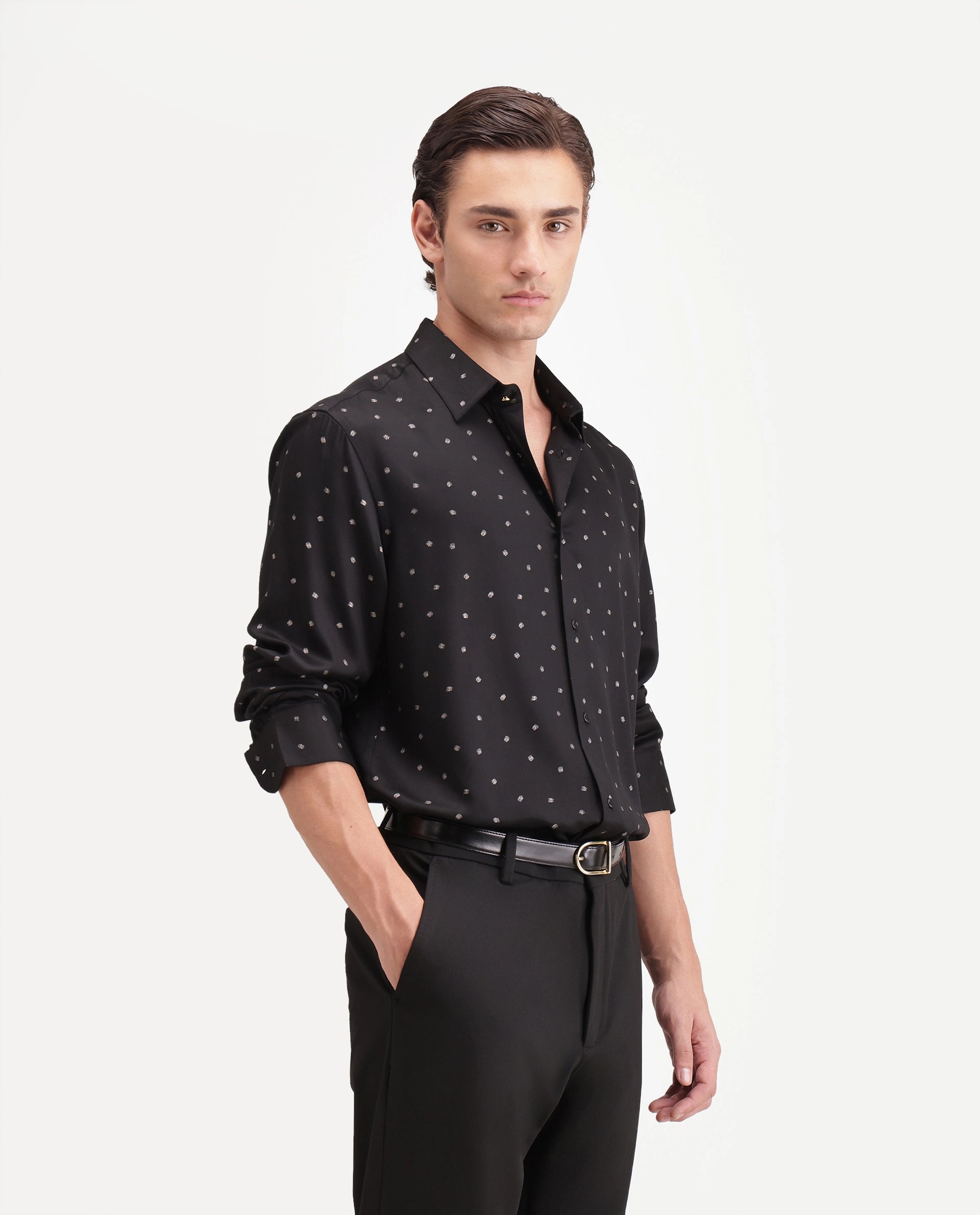 Rare Rabbit Men's Silver Black Viscose Button Regular Fit Polka Print Shirt