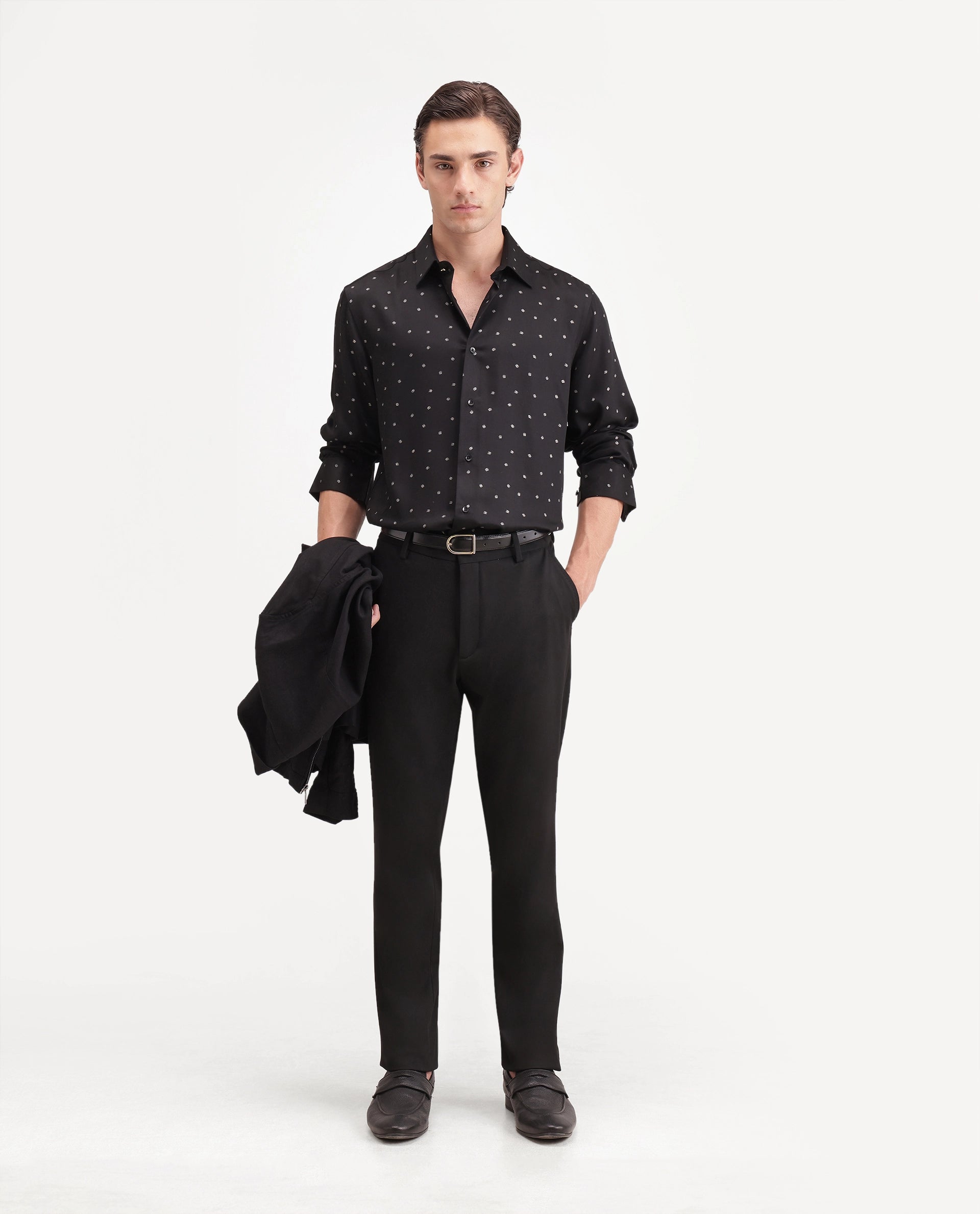 Rare Rabbit Men's Silver Black Viscose Button Regular Fit Polka Print Shirt