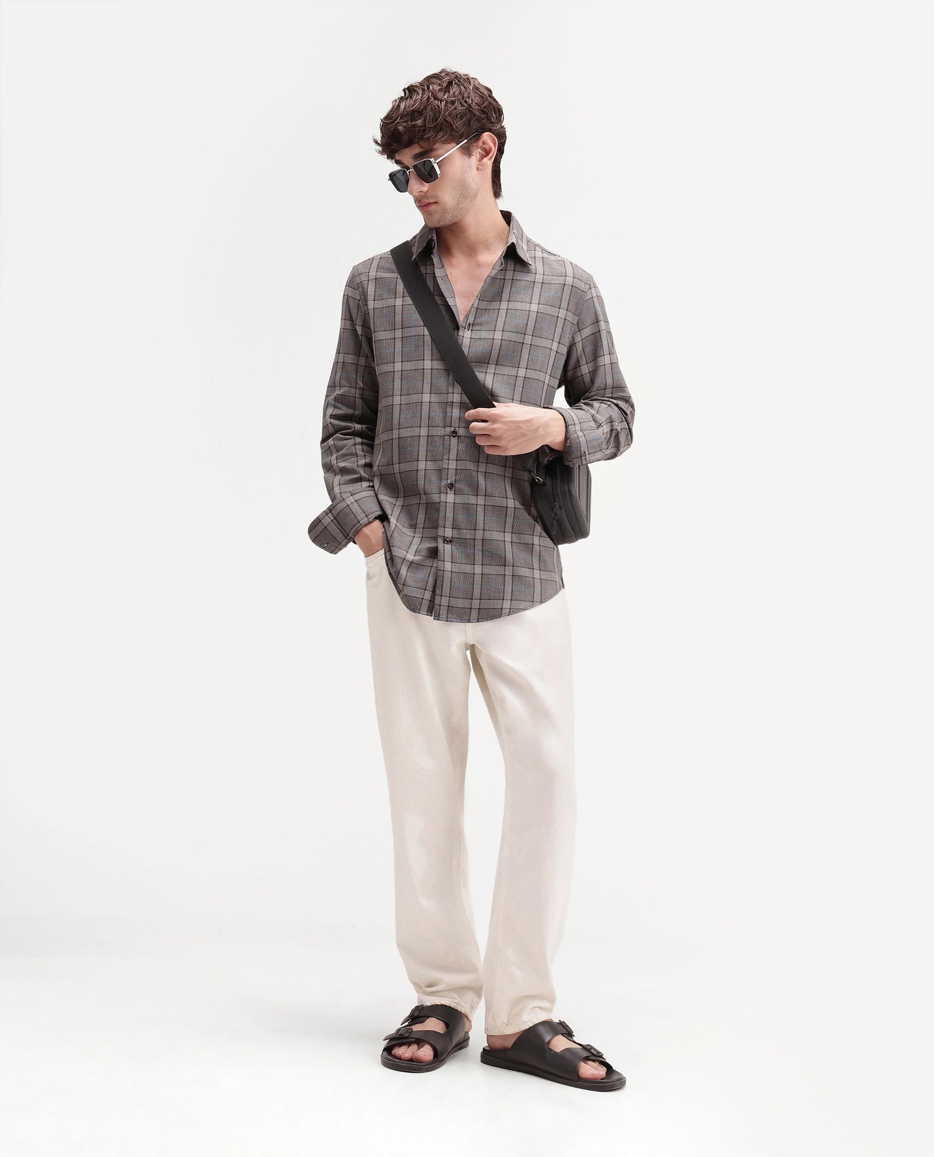 Rare Rabbit Men's Sect Brown Cotton Button Regular Fit Check Shirt