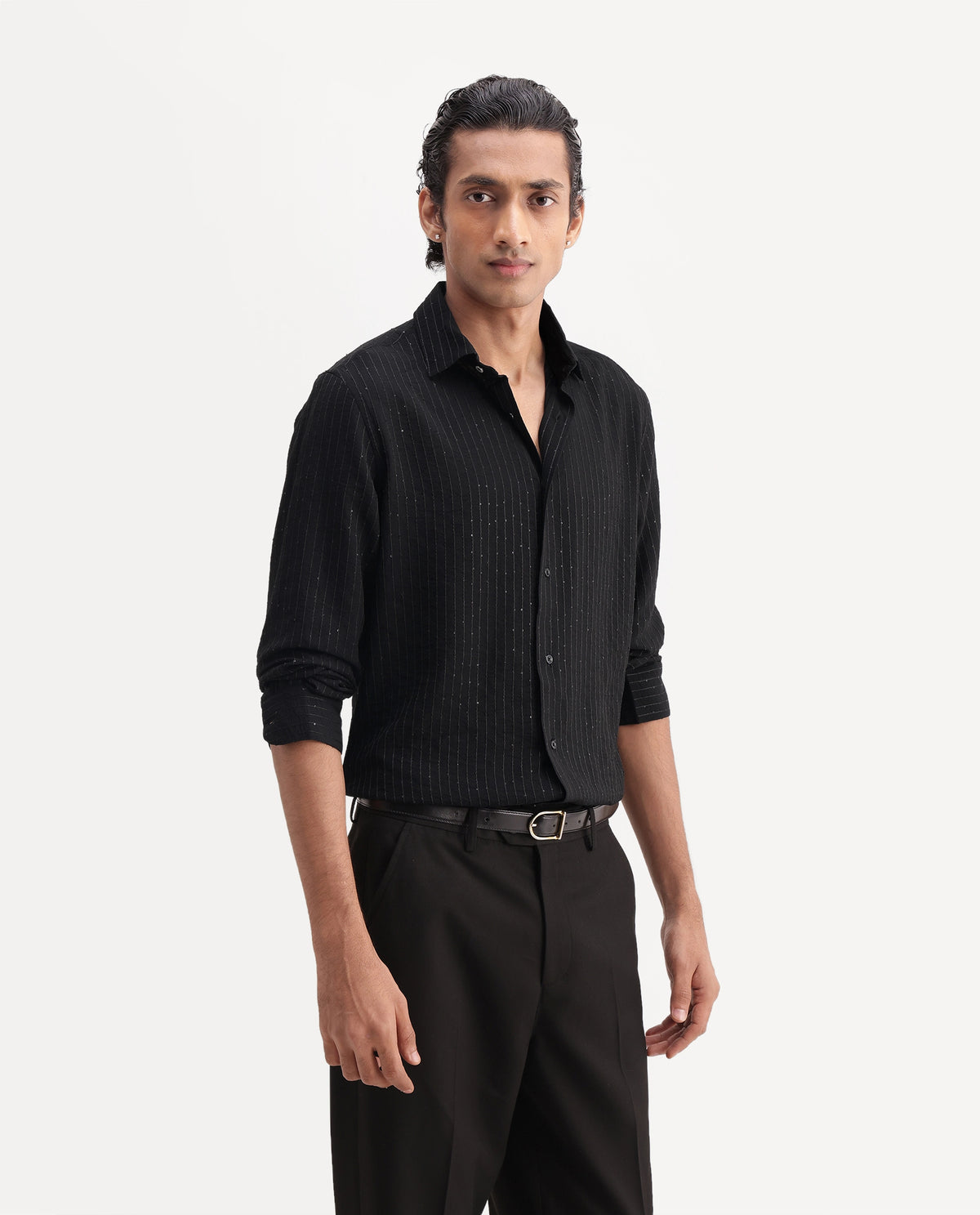 Rare Rabbit Men's Cole-26 Black Viscose Blend Button Regular Fit Striped Shirt