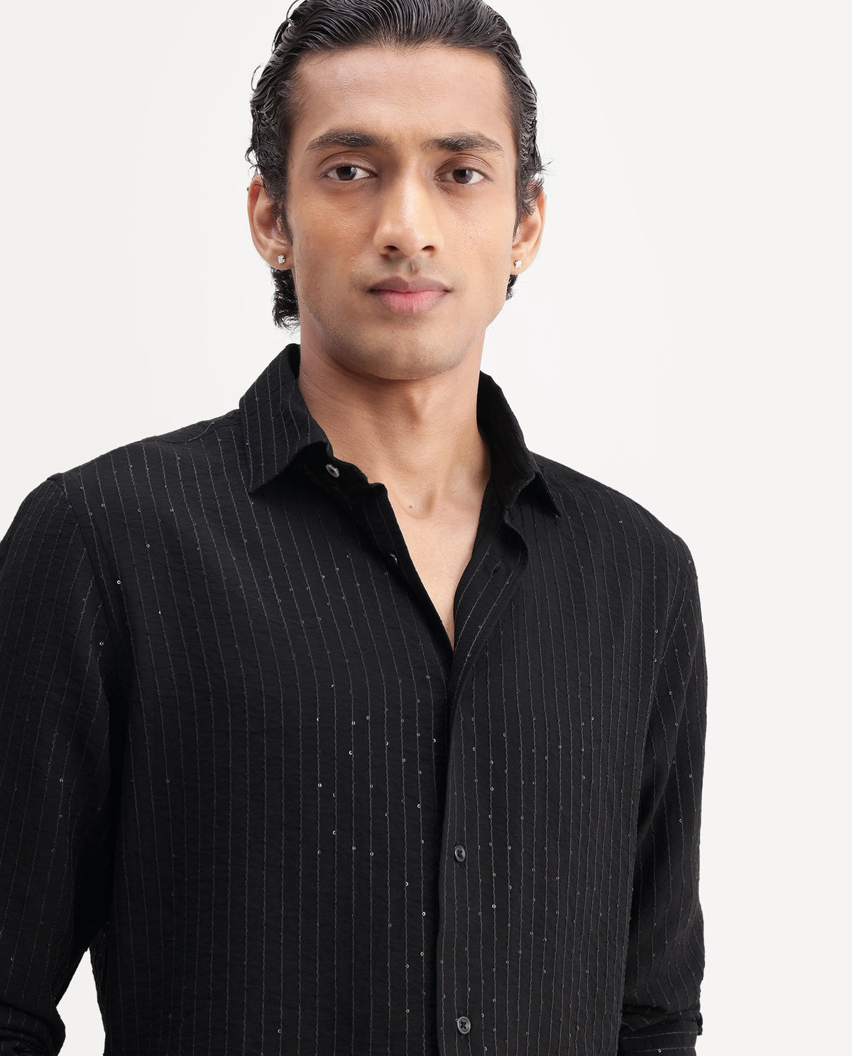 Rare Rabbit Men's Cole-26 Black Viscose Blend Button Regular Fit Striped Shirt
