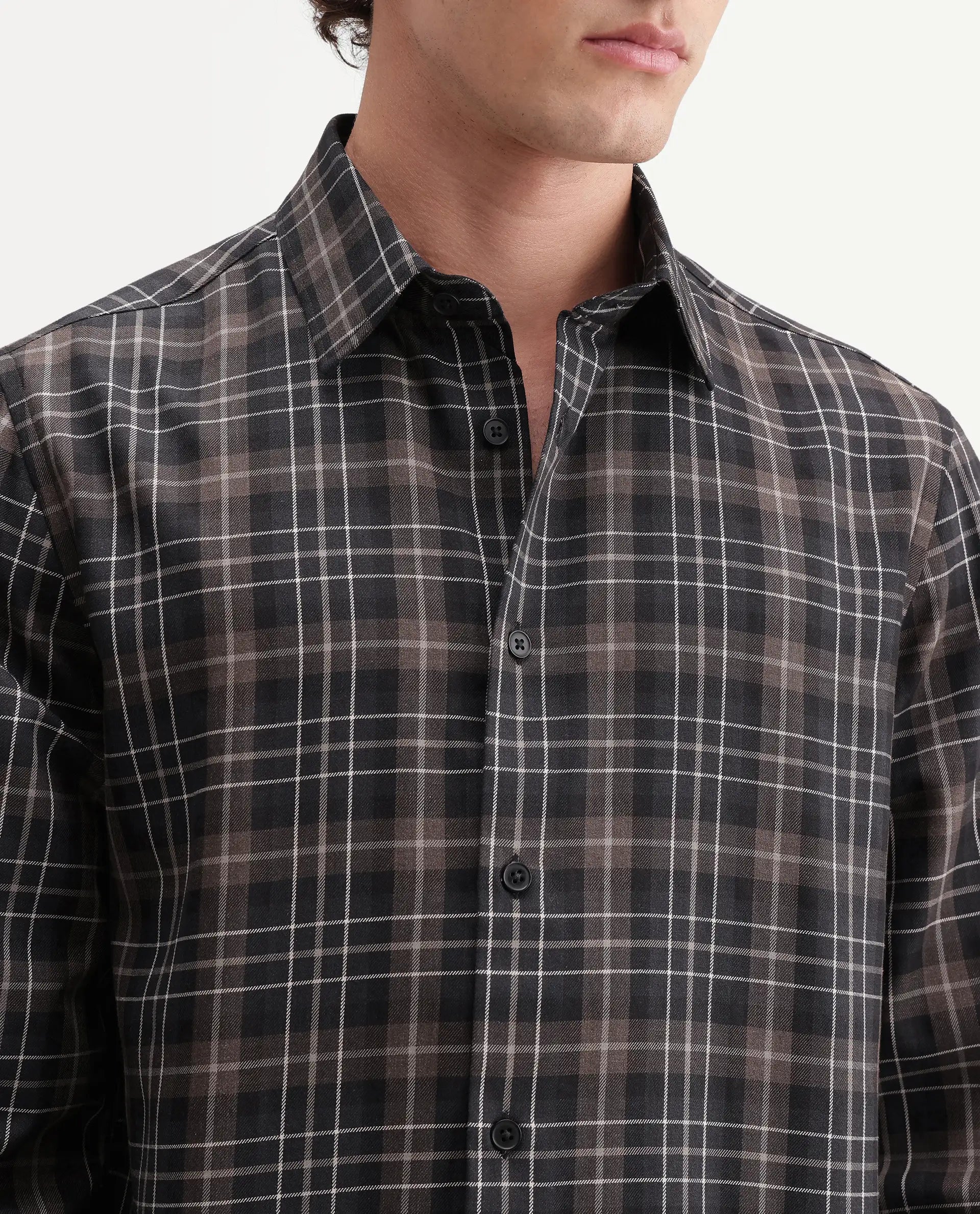 Rare Rabbit Men's Darob Black Cotton Blend Button Regular Fit Checked Shirt