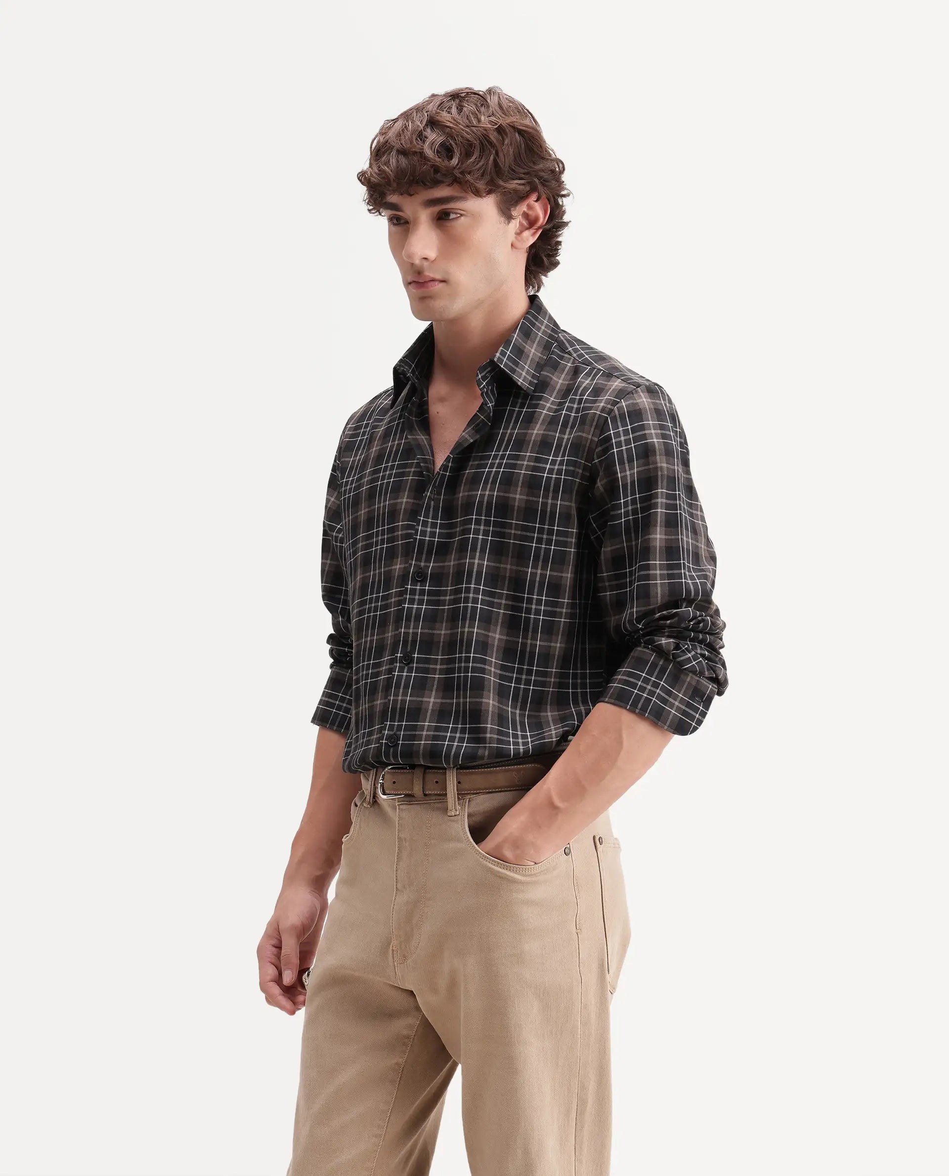 Rare Rabbit Men's Darob Black Cotton Blend Button Regular Fit Checked Shirt