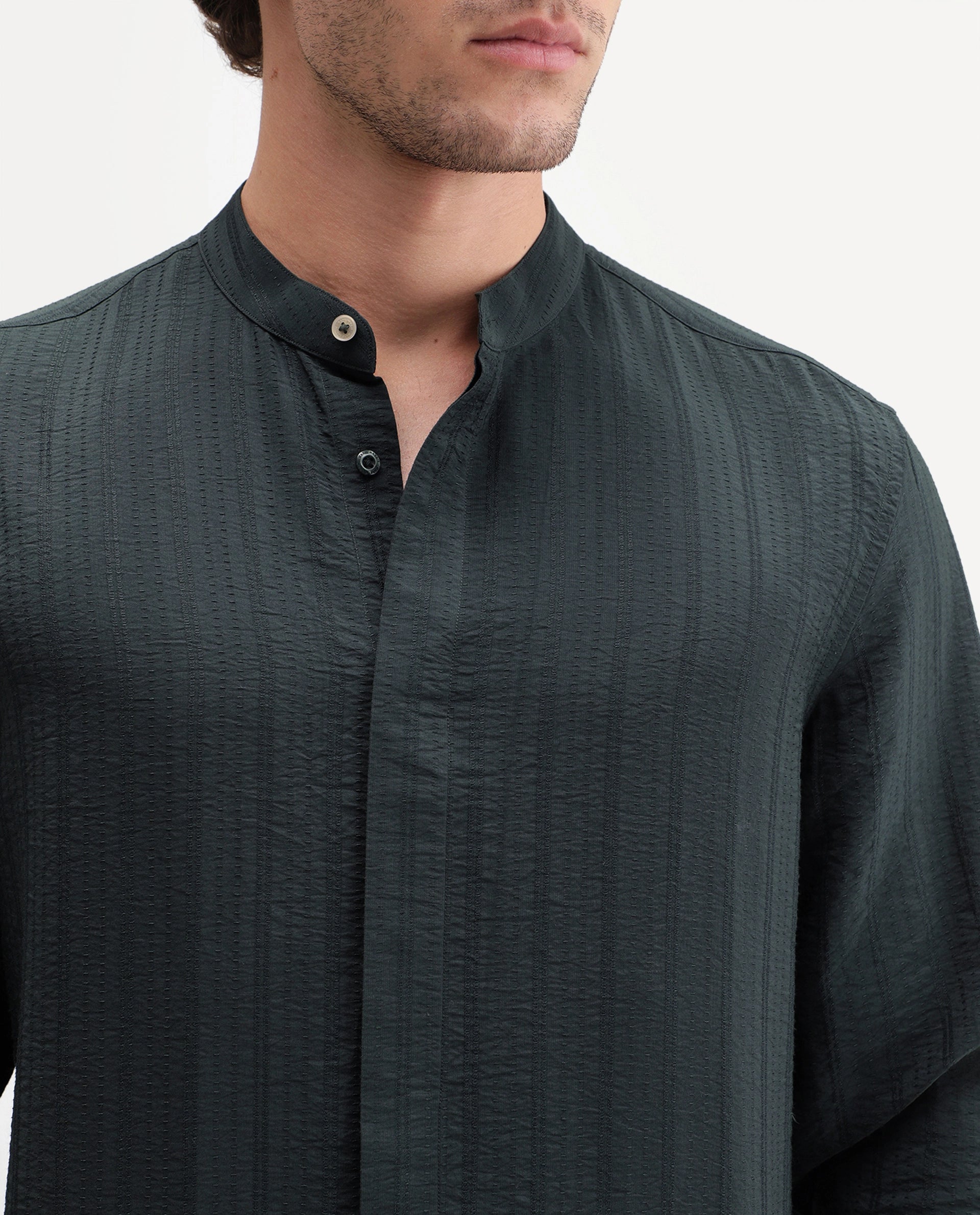 Rare Rabbit Men's Tate Dark Green Viscose Blend Button Regular Fit Shirt