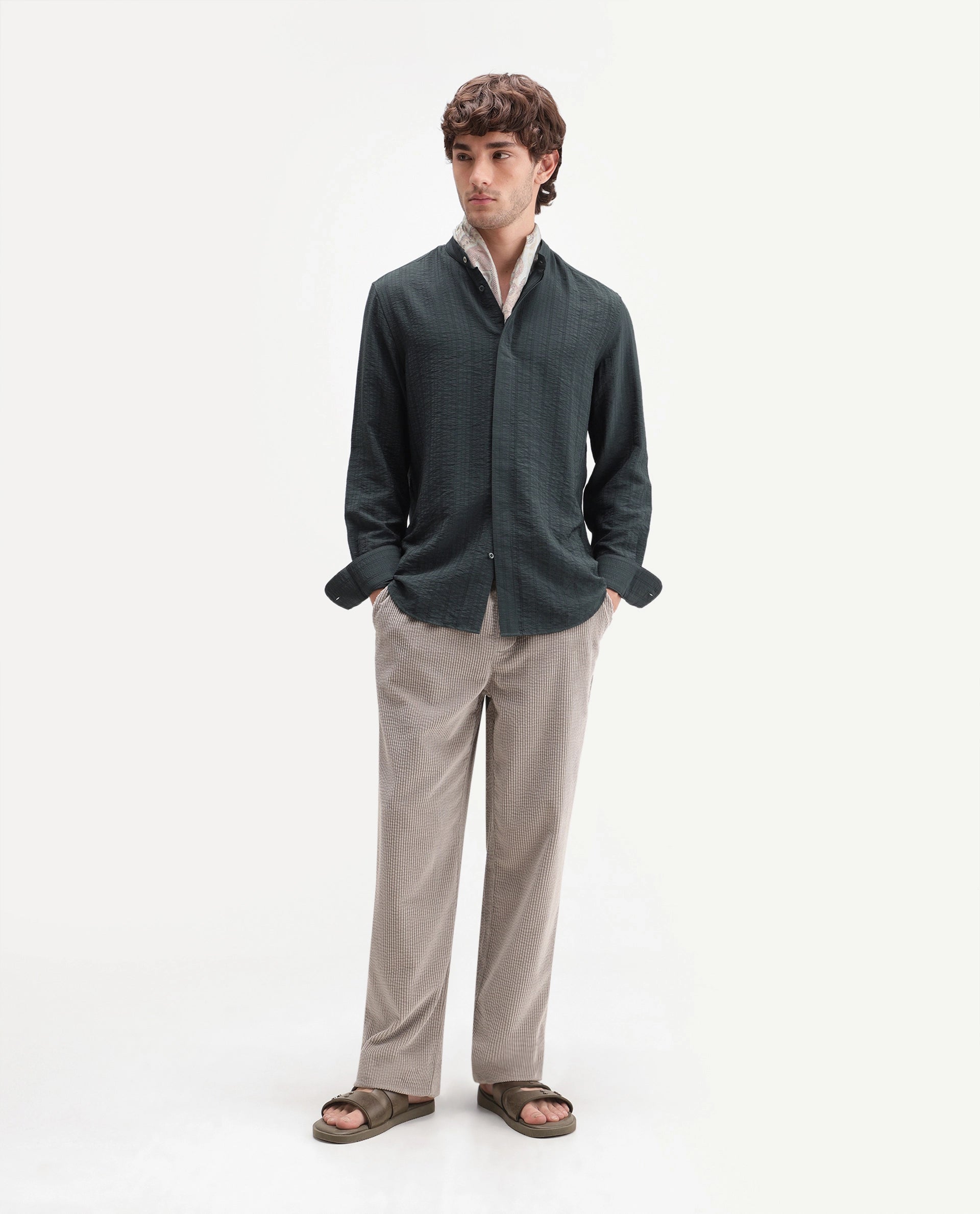 Rare Rabbit Men's Tate Dark Green Viscose Blend Button Regular Fit Shirt
