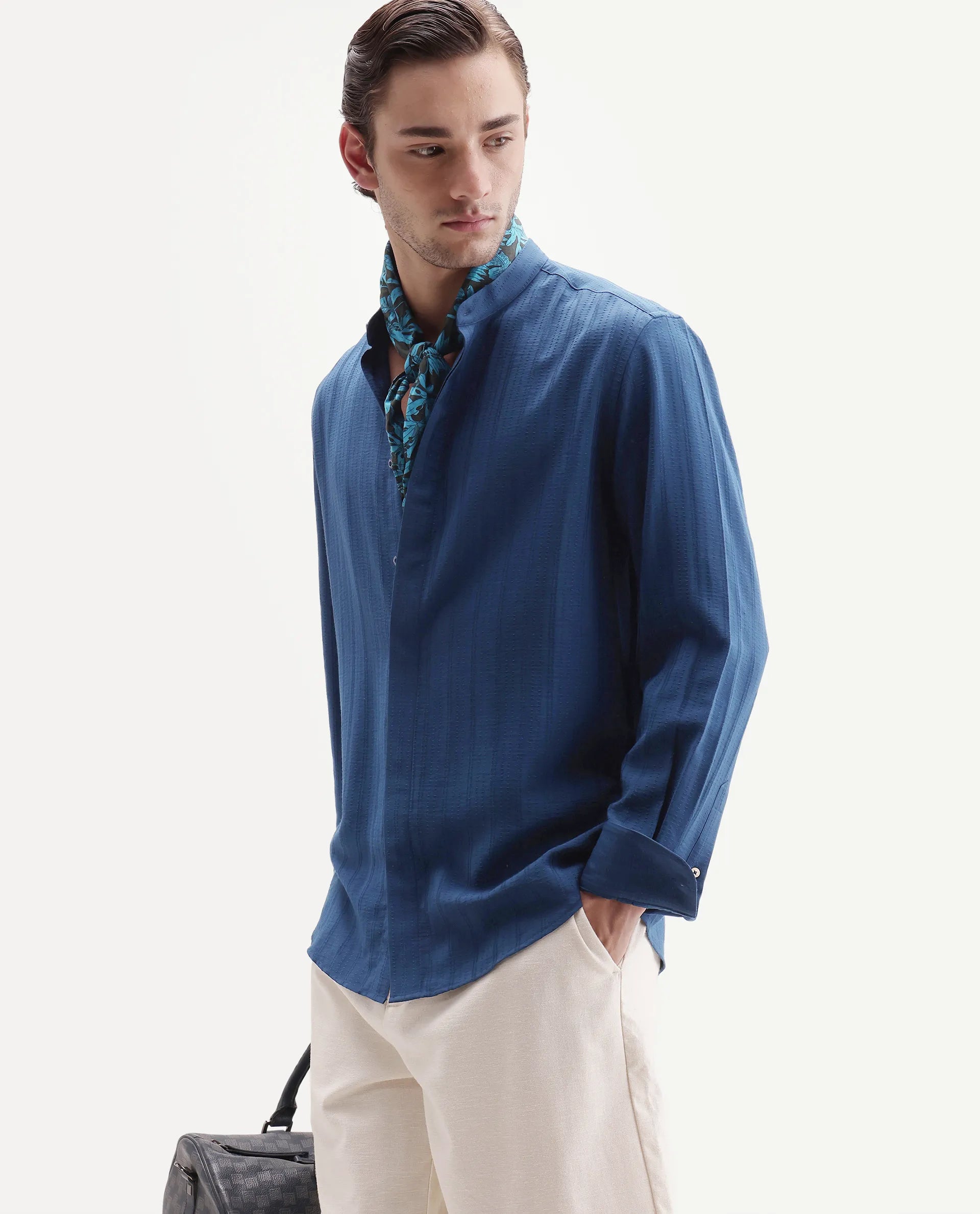 Rare Rabbit Men's Tate Blue Viscose Blend Button Regular Fit Textured Shirt