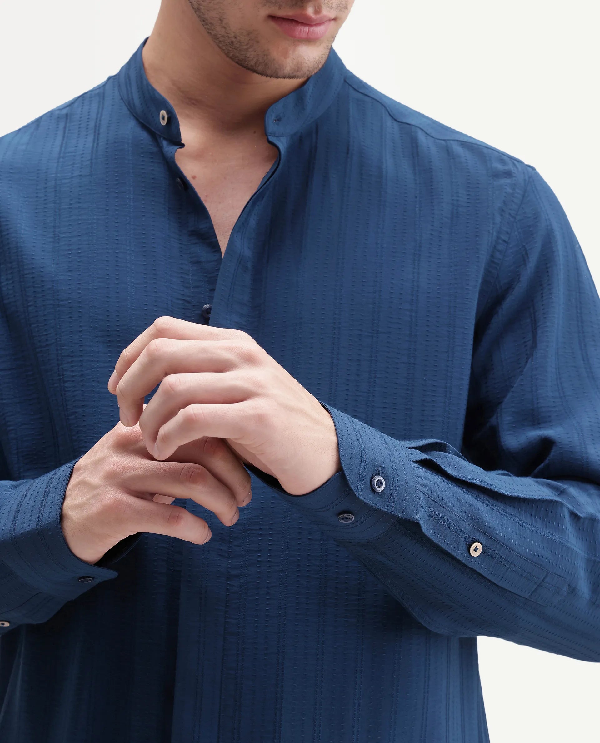 Rare Rabbit Men's Tate Blue Viscose Blend Button Regular Fit Textured Shirt