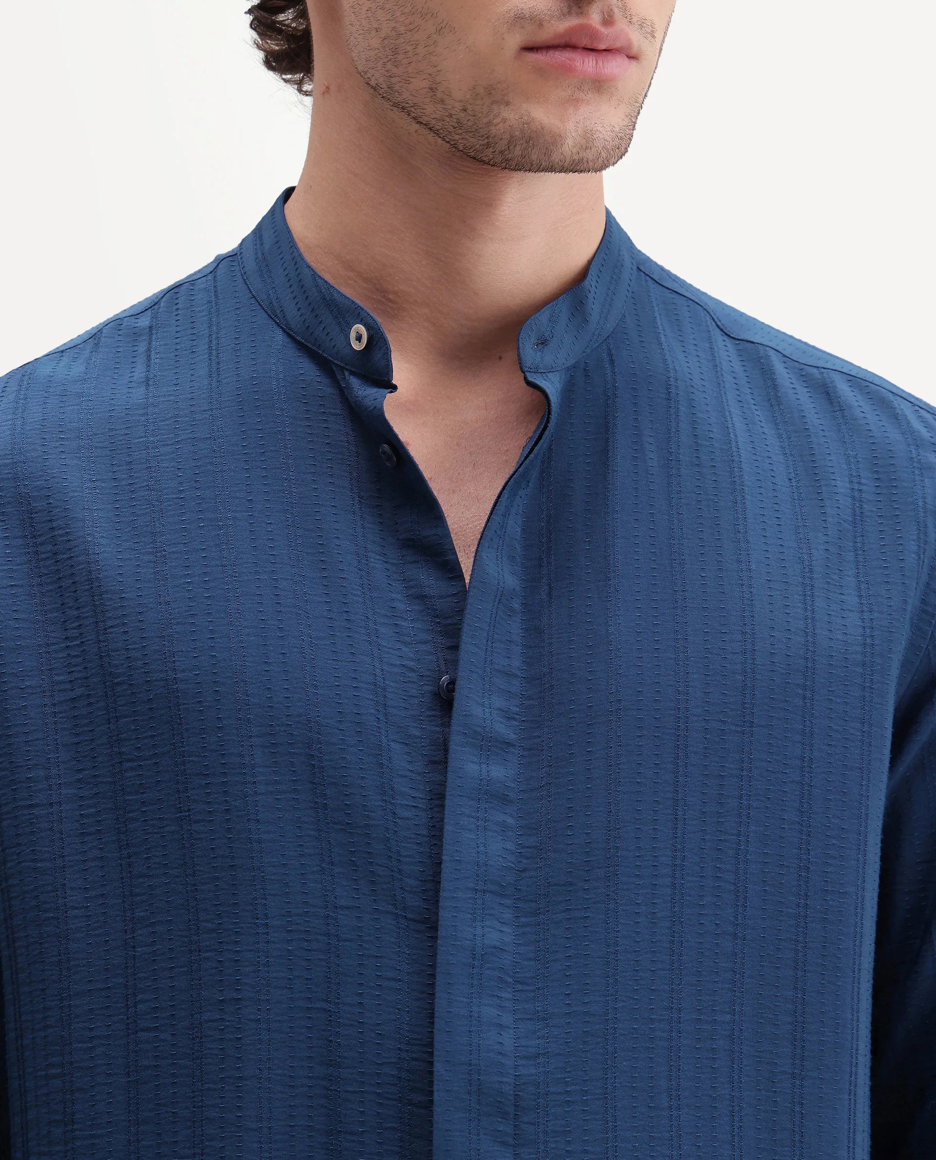 Rare Rabbit Men's Tate Blue Viscose Blend Button Regular Fit Textured Shirt