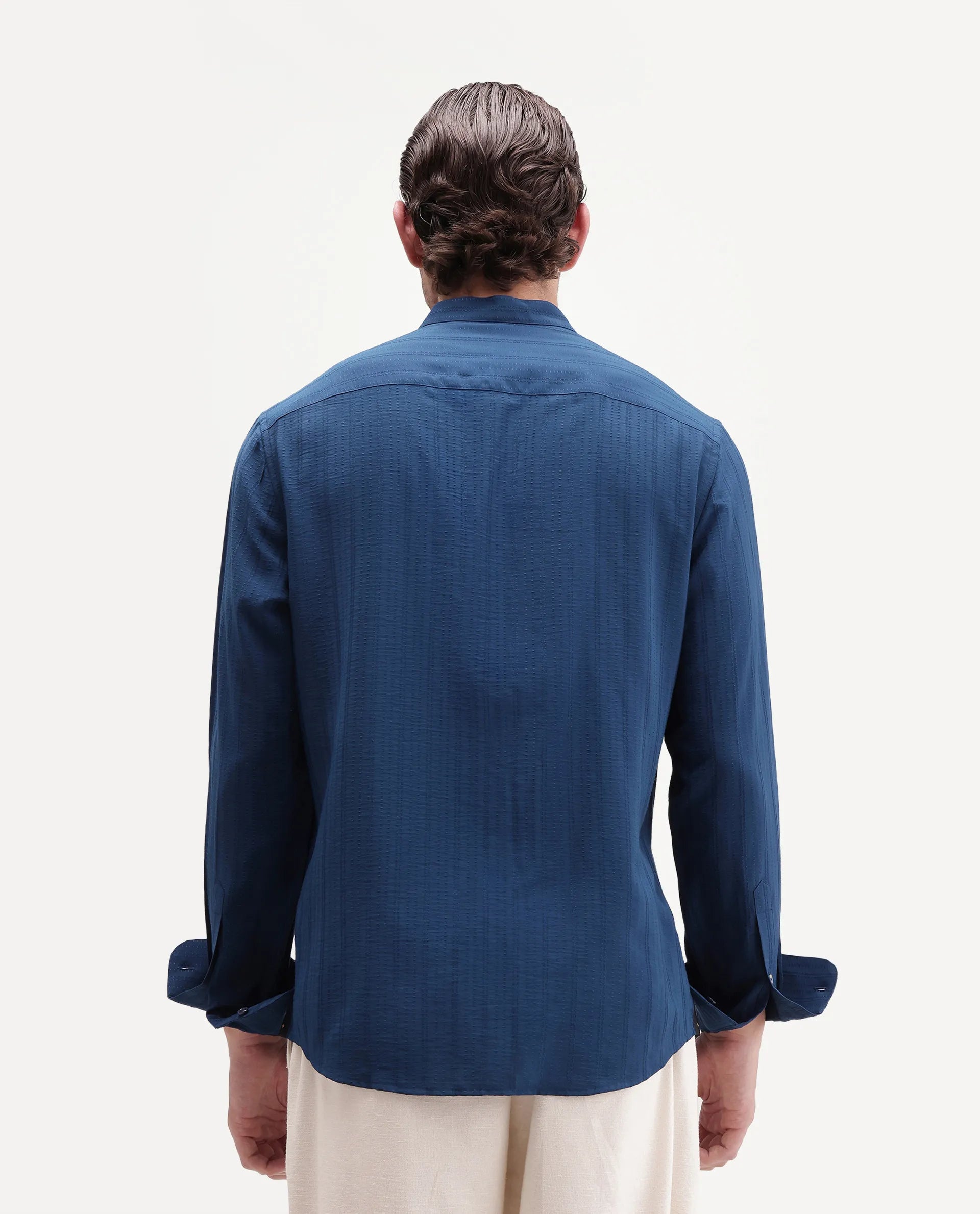 Rare Rabbit Men's Tate Blue Viscose Blend Button Regular Fit Textured Shirt
