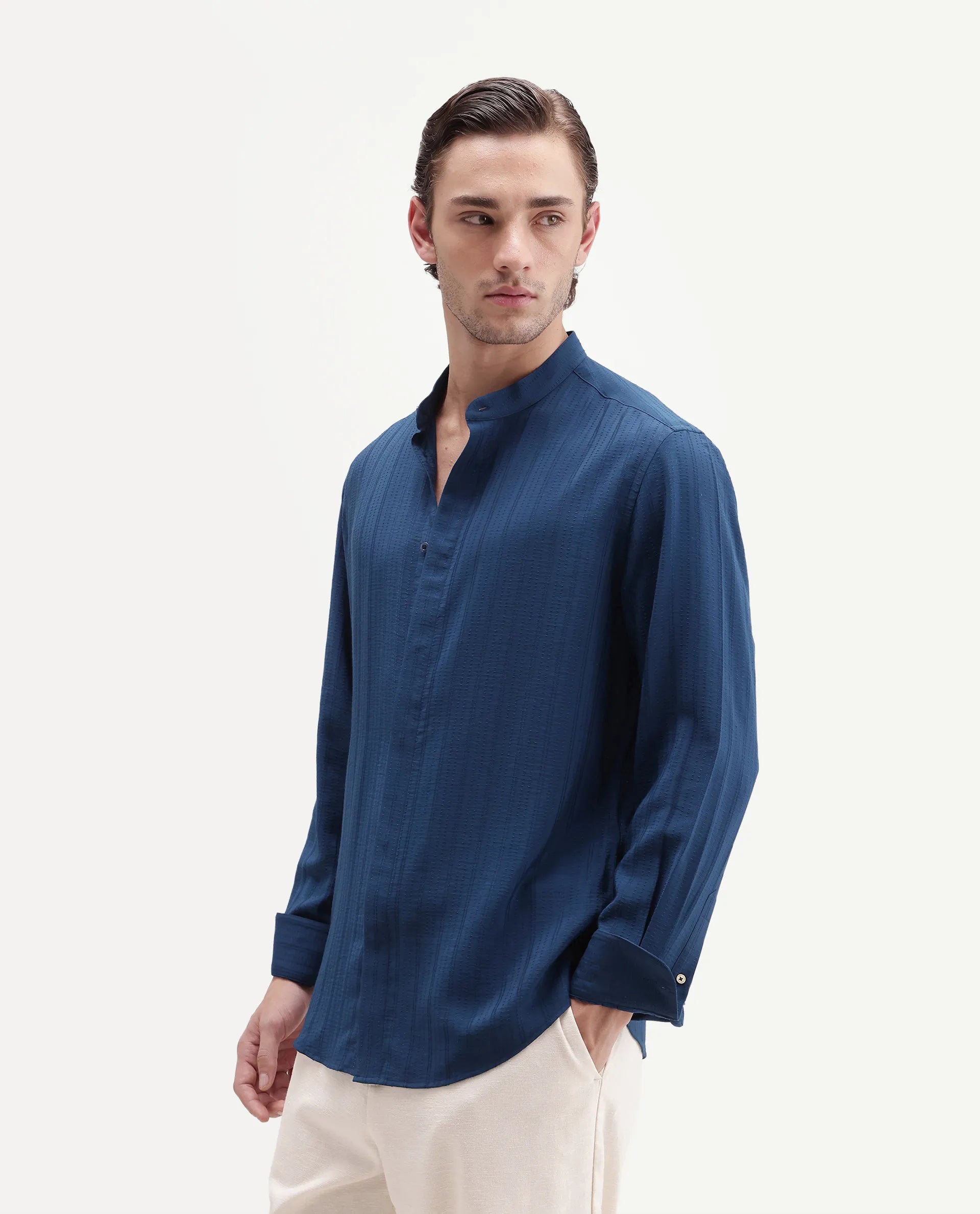 Rare Rabbit Men's Tate Blue Viscose Blend Button Regular Fit Textured Shirt