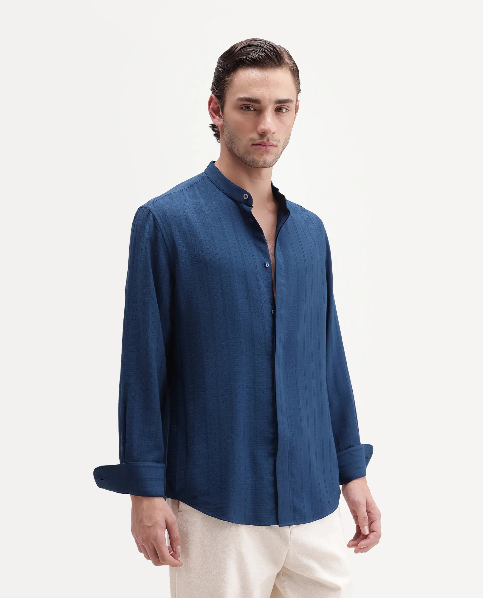 Rare Rabbit Men's Tate Blue Viscose Blend Button Regular Fit Textured Shirt