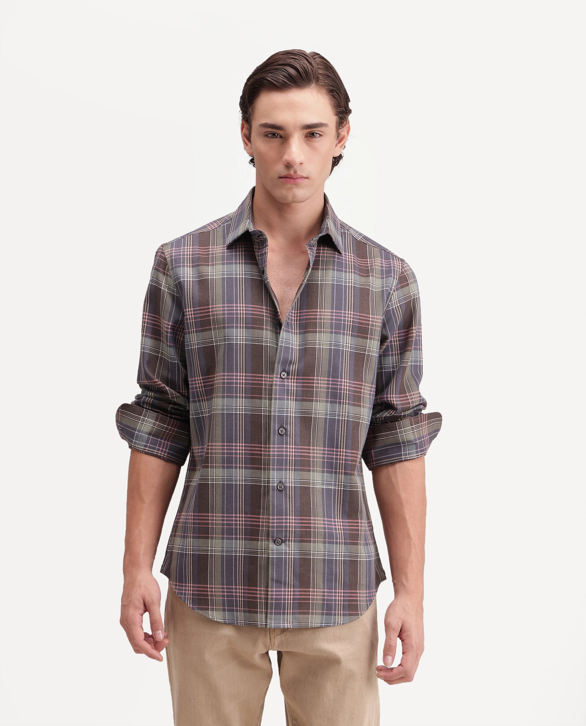 Rare Rabbit Men's Brend Multi Cotton Blend Button Regular Fit Checked Shirt