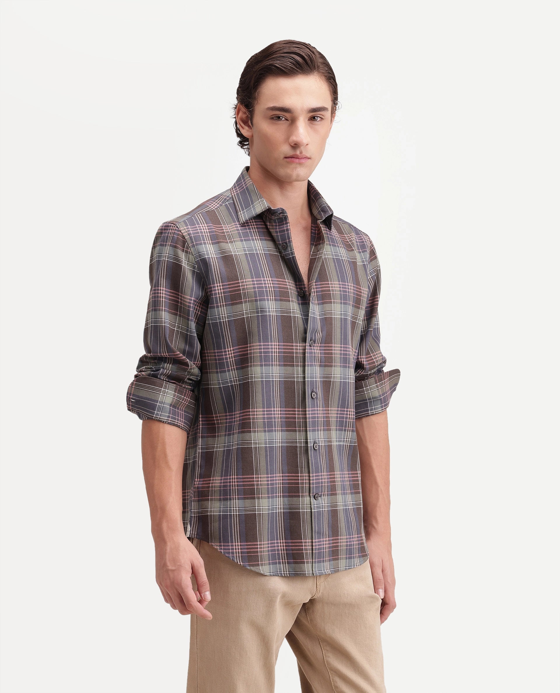 Rare Rabbit Men's Brend Multi Cotton Blend Button Regular Fit Checked Shirt