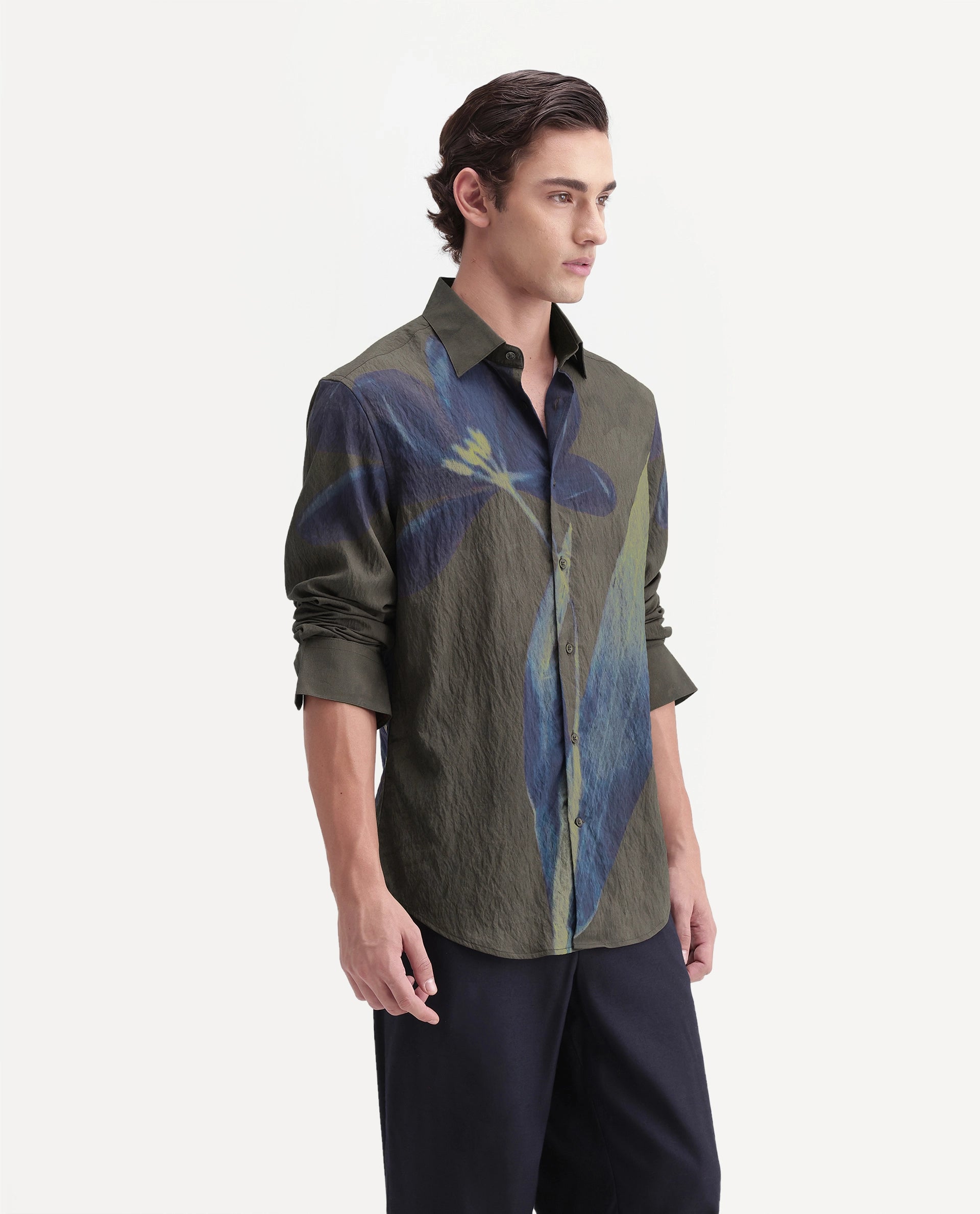 Rare Rabbit Men's Rembo Dark Brown Viscose Blend Button Regular Fit Floral Print Shirt
