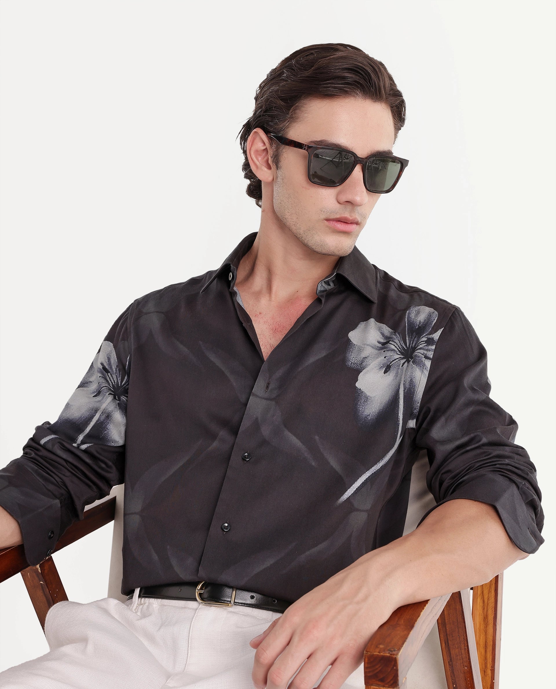 Rare Rabbit Men's Blet Dark Brown Cotton Blend Button Regular Fit Floral Print Shirt