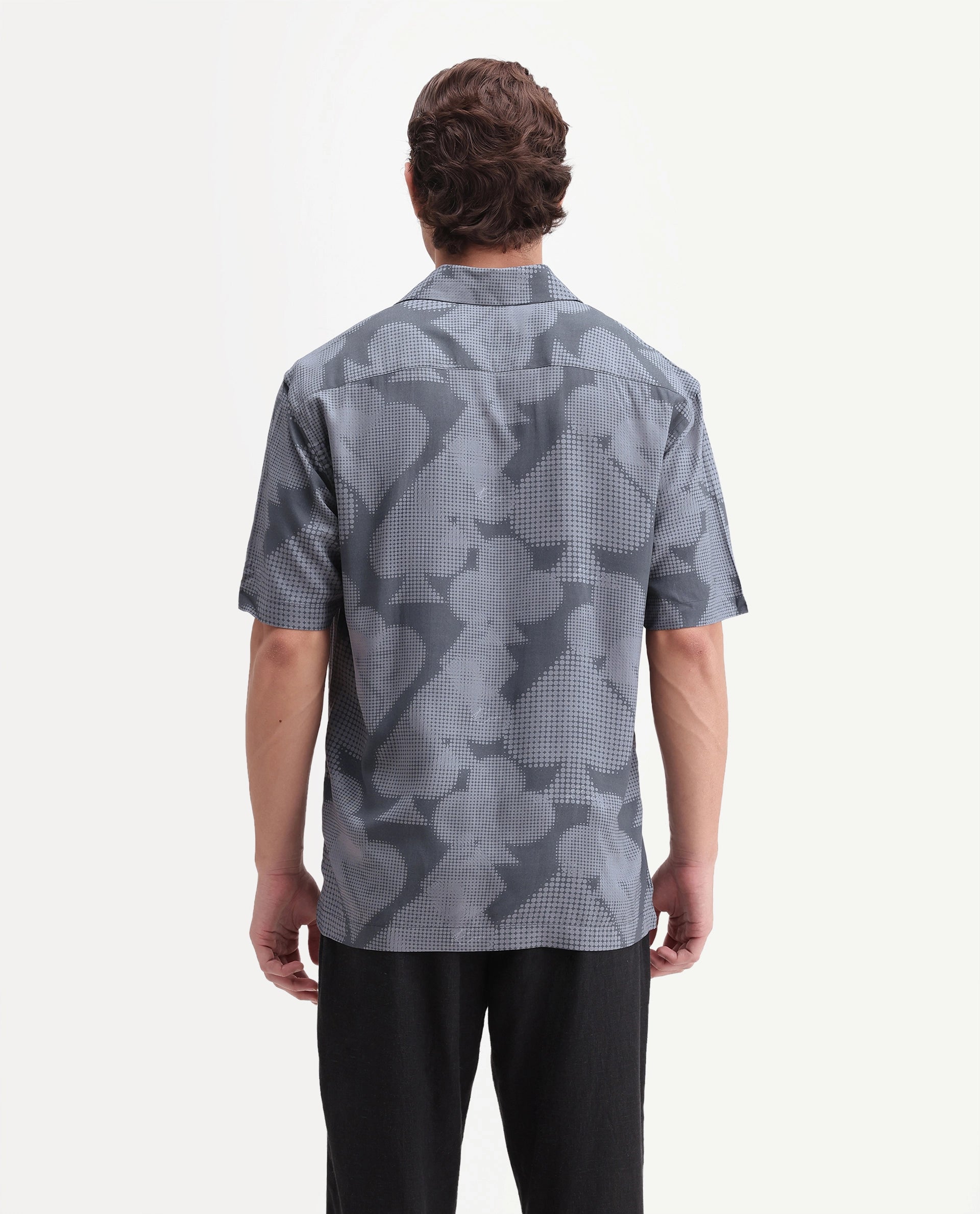 Rare Rabbit Men's Deck Black Cotton Button Regular Fit Cuban Collar Abstract Print Shirt