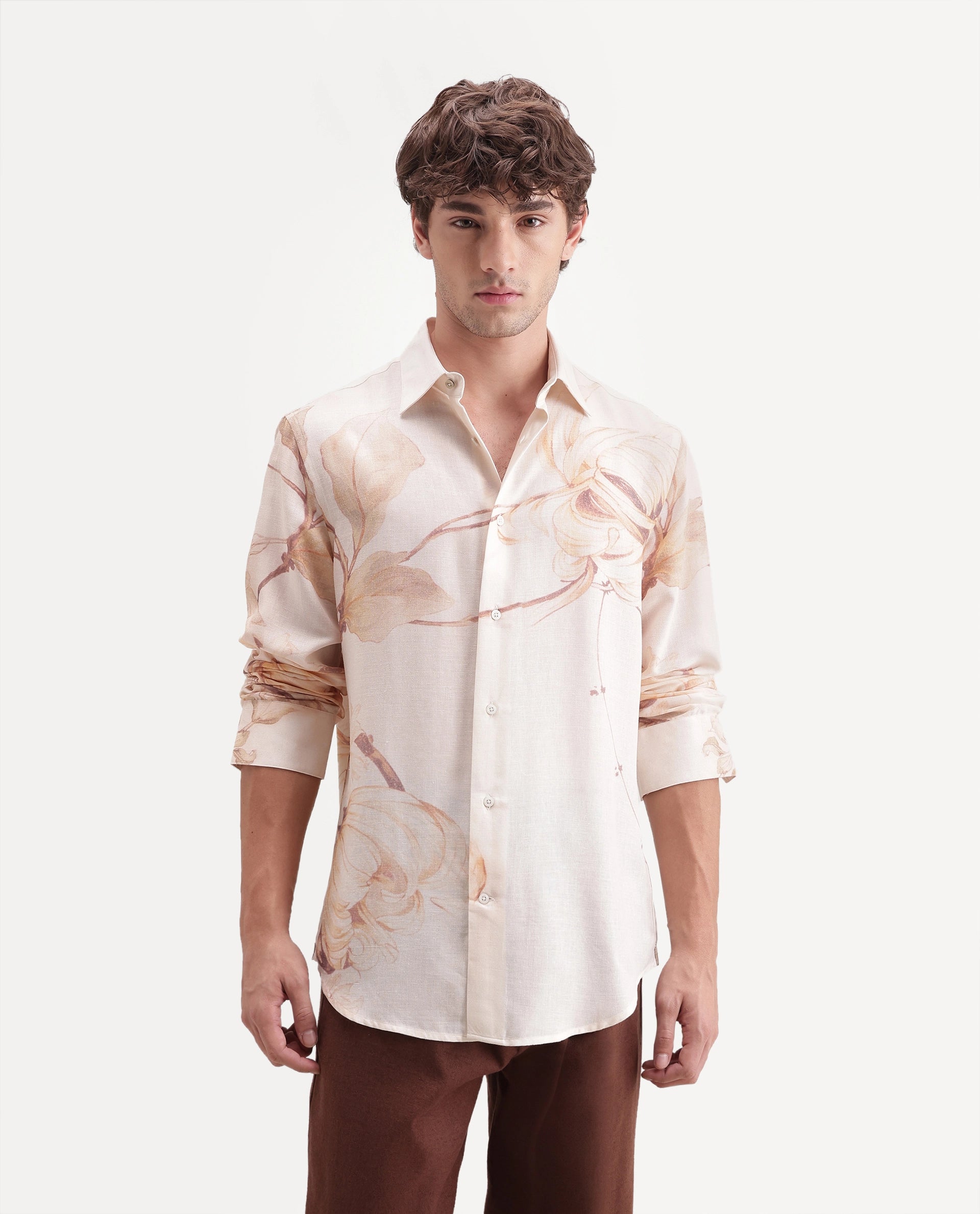 Rare Rabbit Men's Reep Off White Linen Blend Button Regular Fit Floral Print Shirt