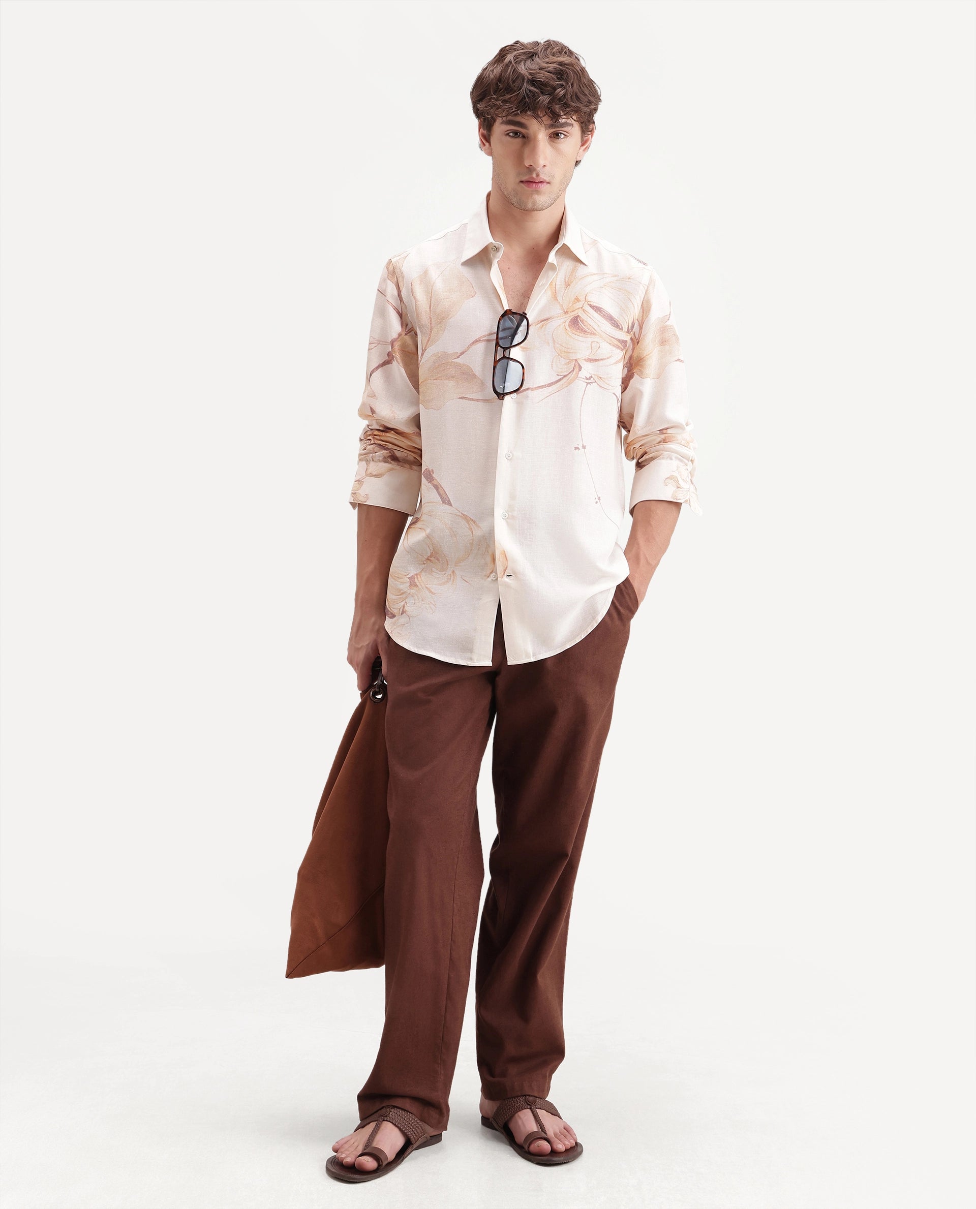 Rare Rabbit Men's Reep Off White Linen Blend Button Regular Fit Floral Print Shirt
