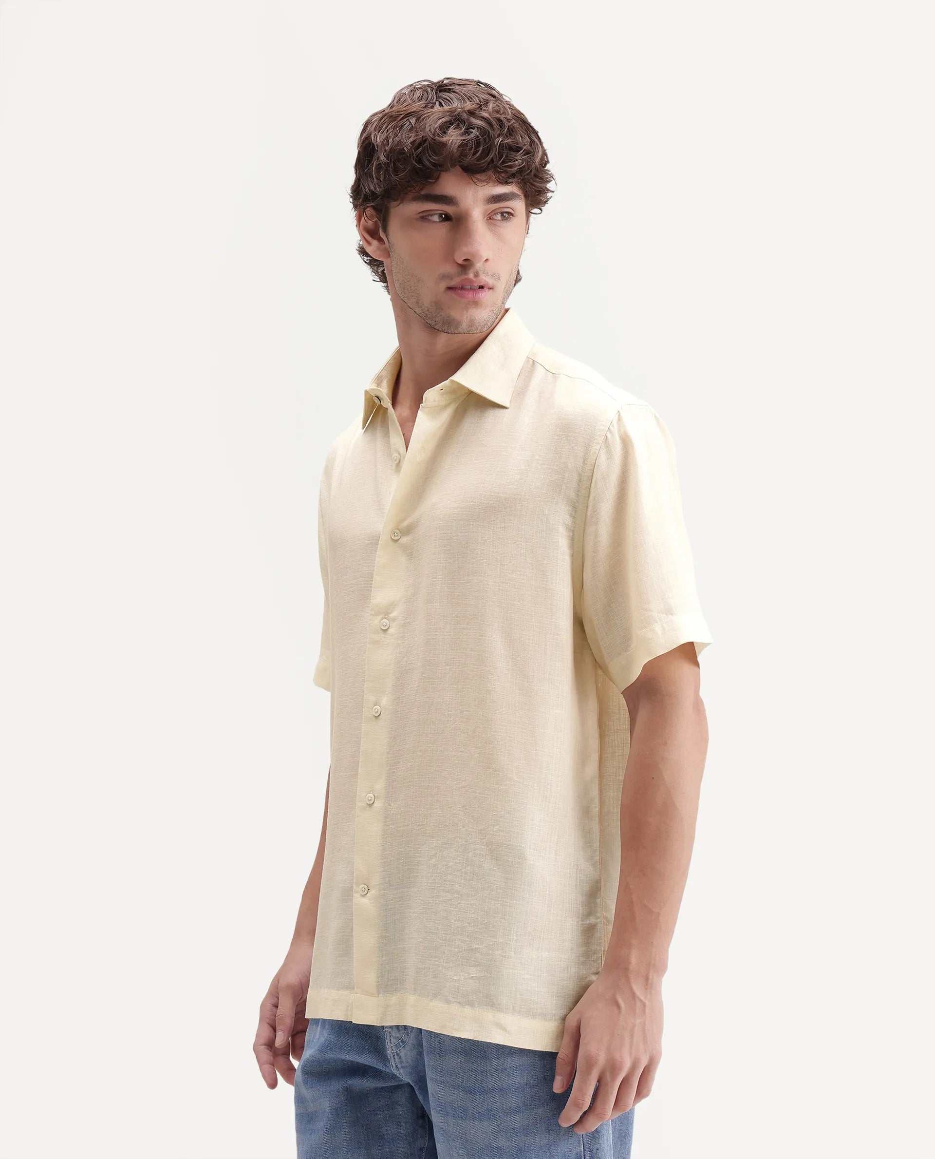 Rare Rabbit Men's Lyco Ss Beige Lyocell Button Regular Fit Plain Shirt