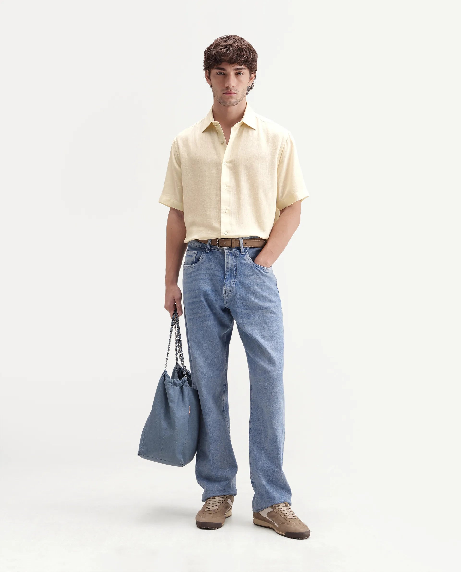 Rare Rabbit Men's Lyco Ss Beige Lyocell Button Regular Fit Plain Shirt