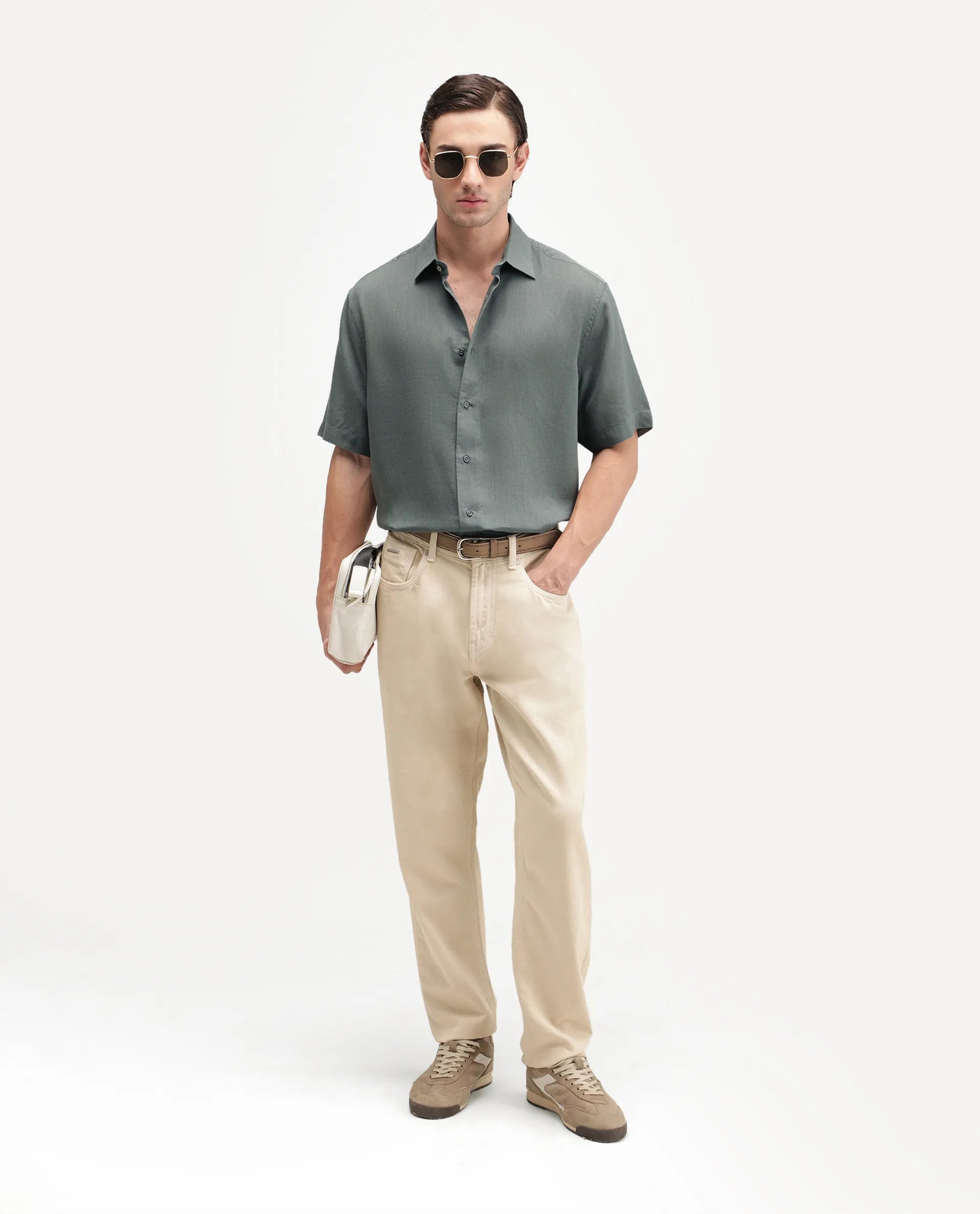 Rare Rabbit Men's Lyco Ss Dusky Olive Lyocell Button Regular Fit Plain Shirt