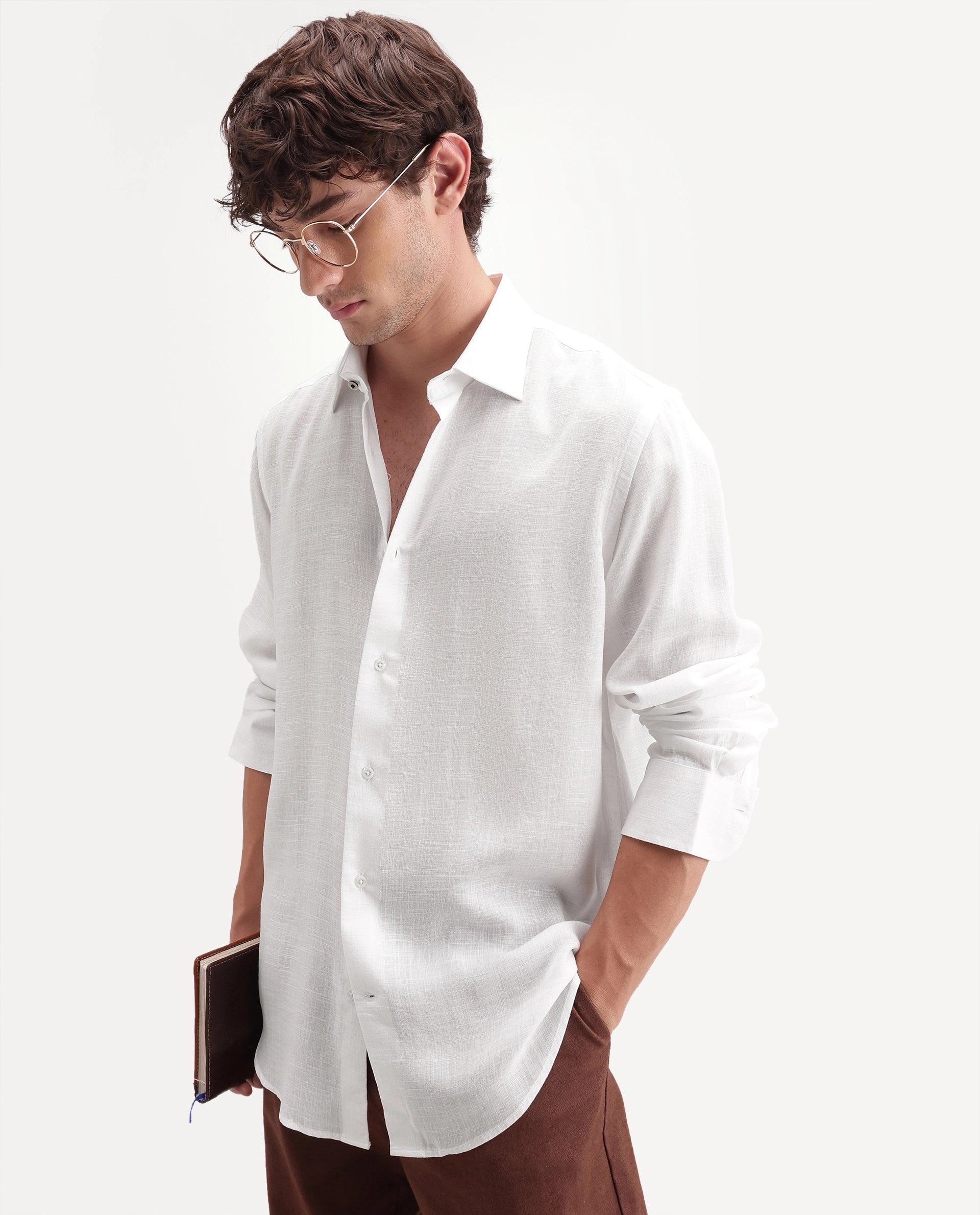 Rare Rabbit Men's Lyco Ls White Lyocell Button Regular Fit Plain Shirt