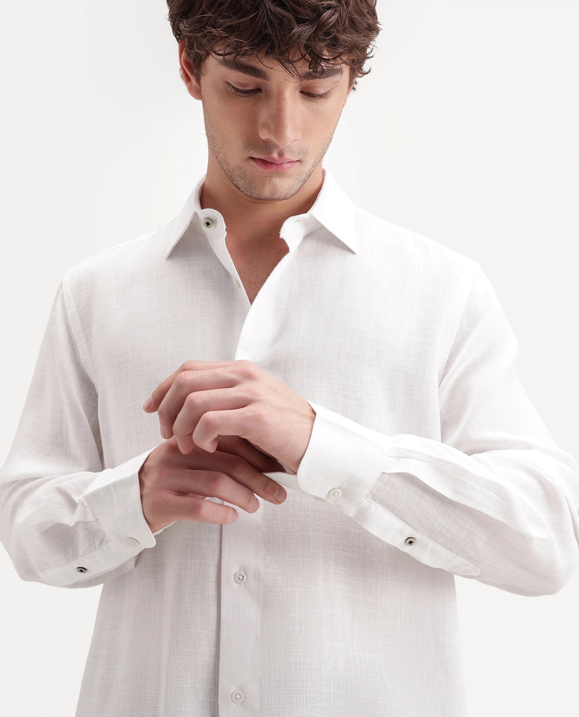 Rare Rabbit Men's Lyco Ls White Lyocell Button Regular Fit Plain Shirt