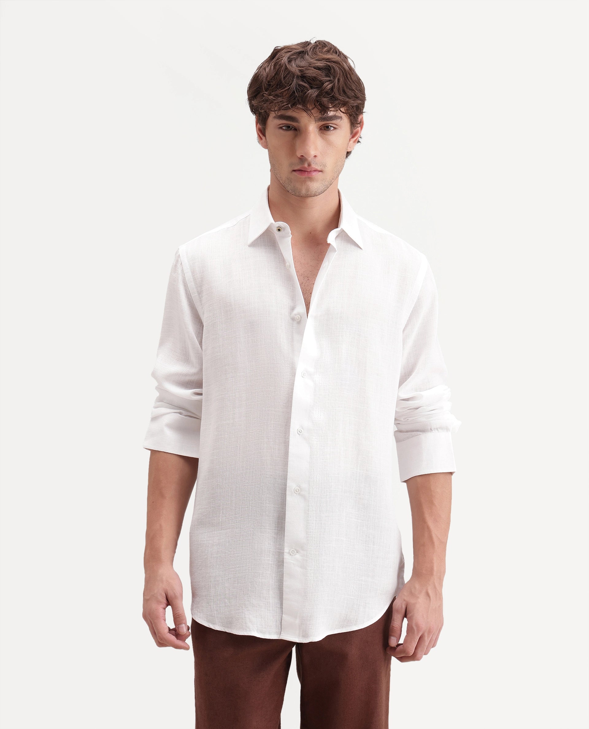 Rare Rabbit Men's Lyco Ls White Lyocell Button Regular Fit Plain Shirt