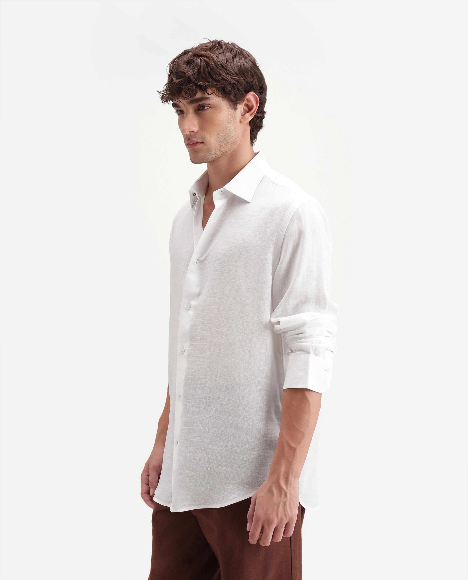Rare Rabbit Men's Lyco Ls White Lyocell Button Regular Fit Plain Shirt