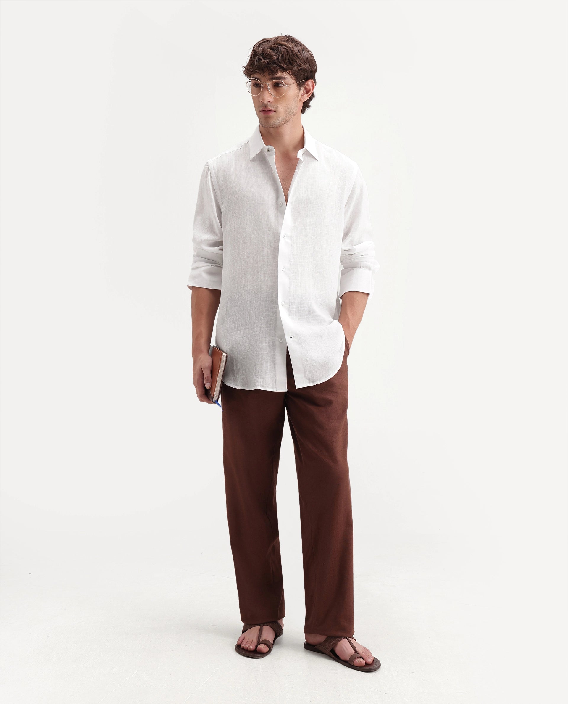 Rare Rabbit Men's Lyco Ls White Lyocell Button Regular Fit Plain Shirt