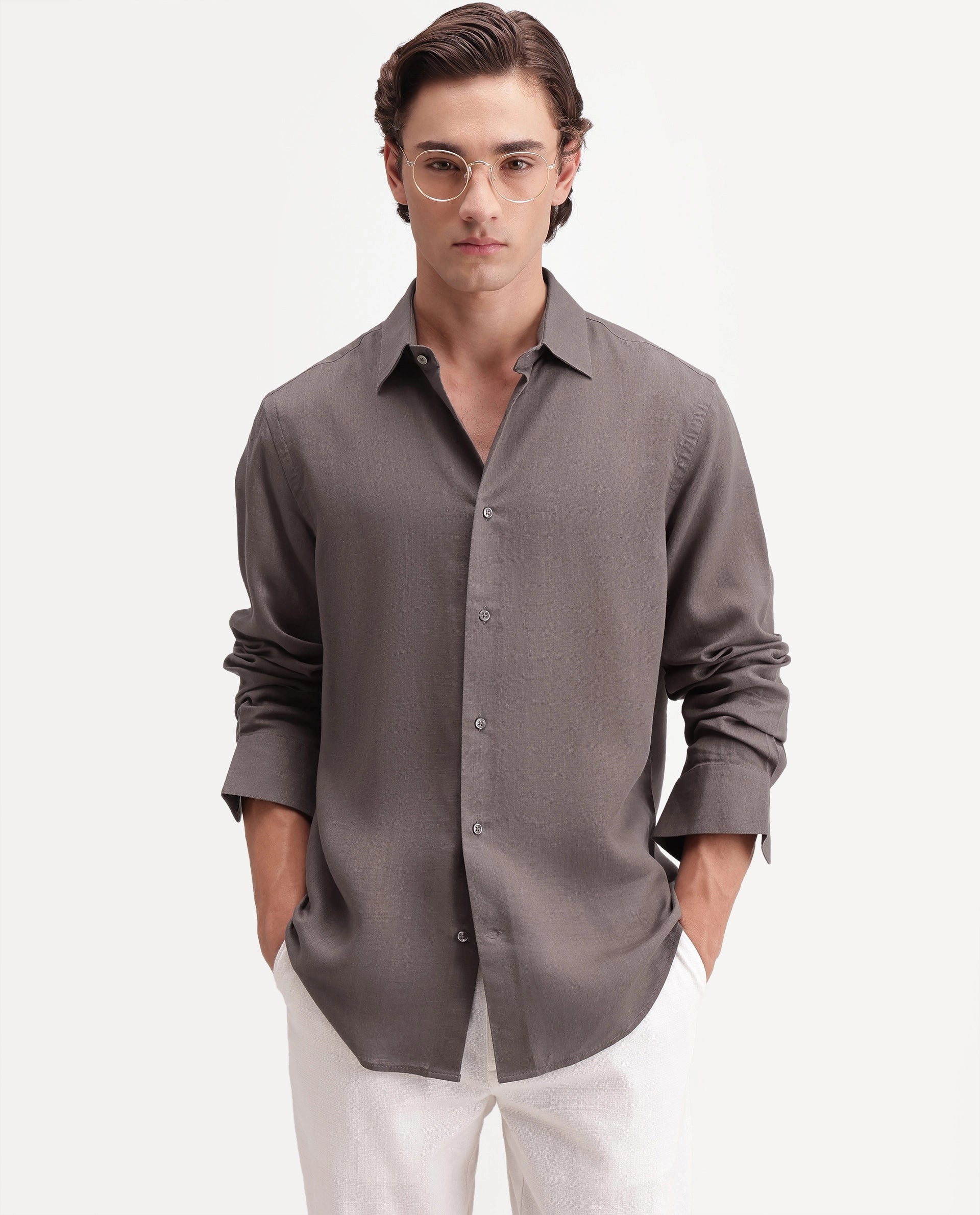 Rare Rabbit Men's Lyco Ls Dusky Brown Lyocell Button Regular Fit Shirt