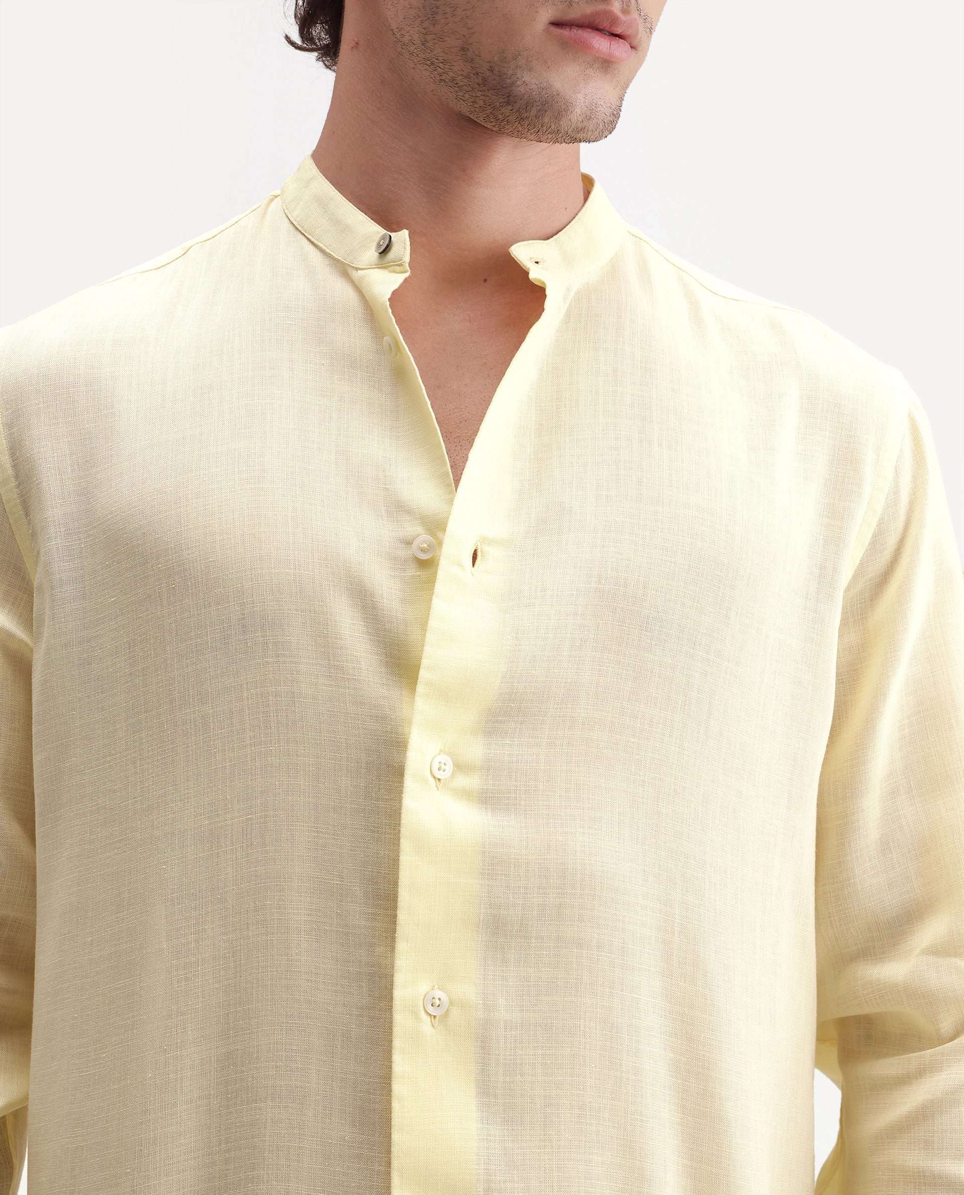 Rare Rabbit Men's Lyco Cn Light Yellow Lyocell Button Mandarin collar Regular Fit Shirt