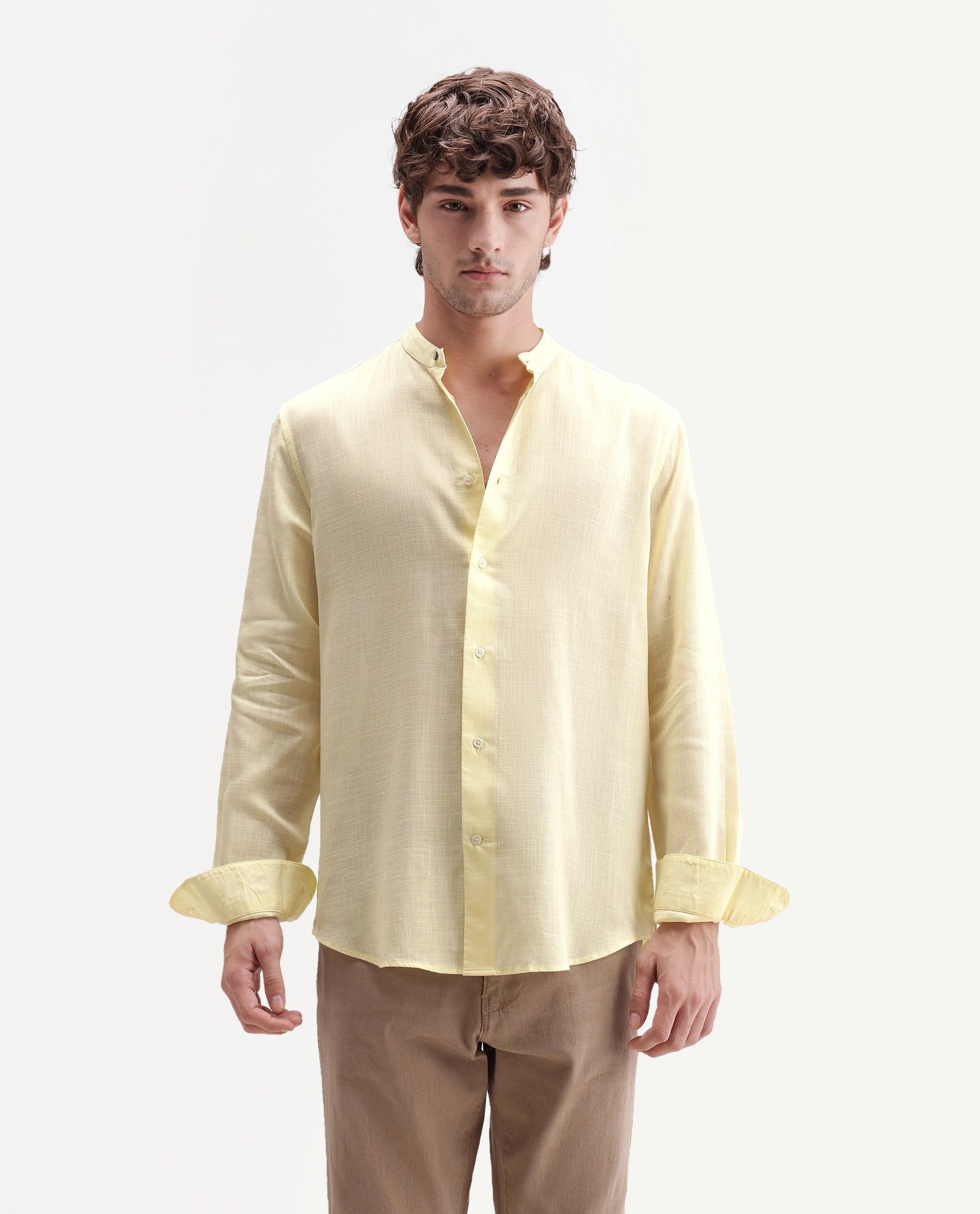 Rare Rabbit Men's Lyco Cn Light Yellow Lyocell Button Mandarin collar Regular Fit Shirt