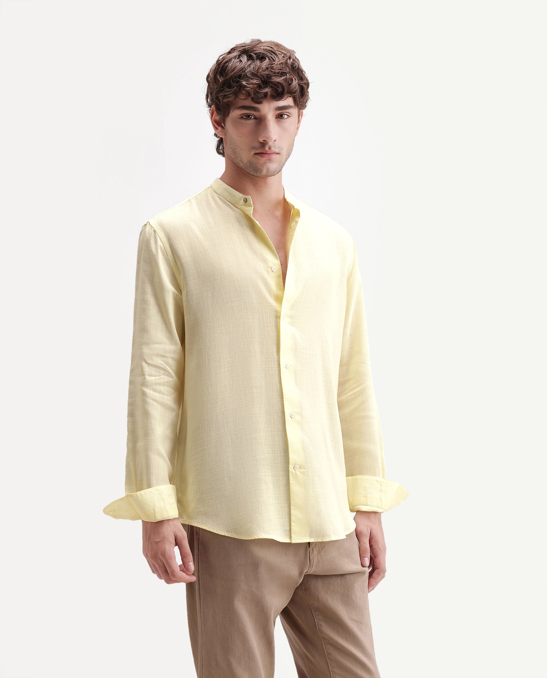 Rare Rabbit Men's Lyco Cn Light Yellow Lyocell Button Mandarin collar Regular Fit Shirt