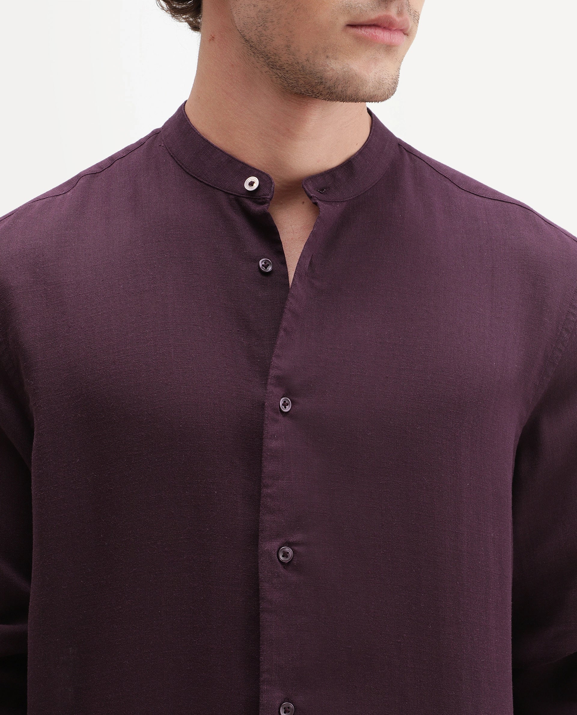 Rare Rabbit Men's Lyco Cn Dark Purple Lyocell Button Mandarin collar Regular Fit Shirt